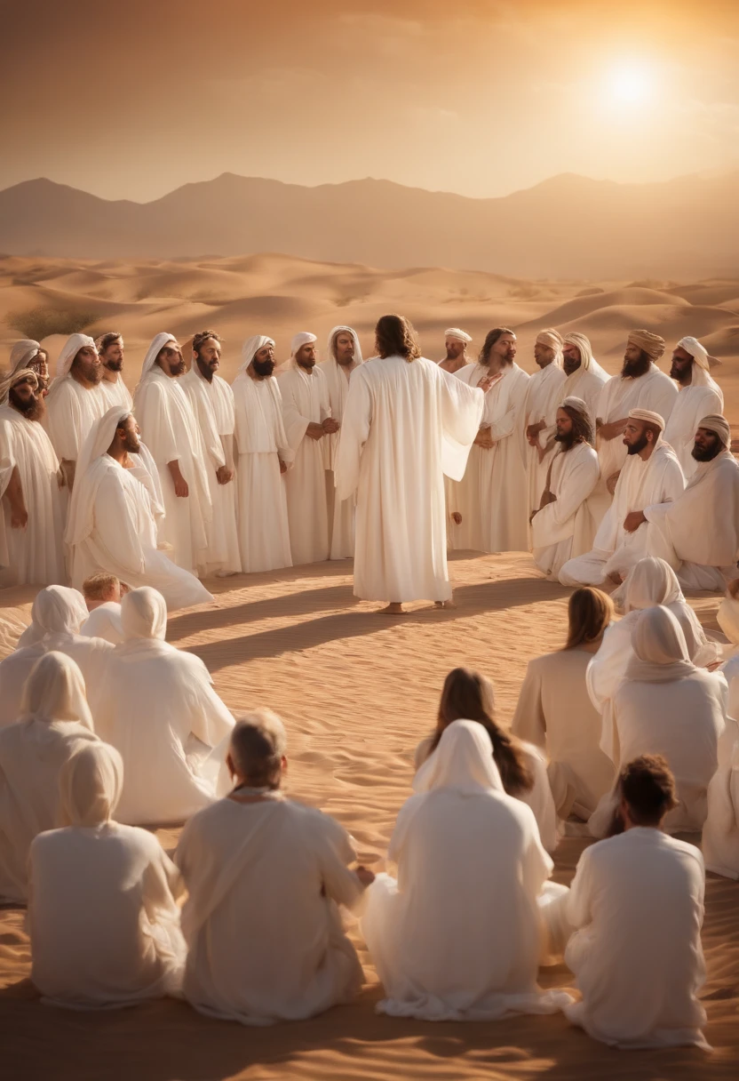 Jesus preaching facing a crowd in the desert in white robes
