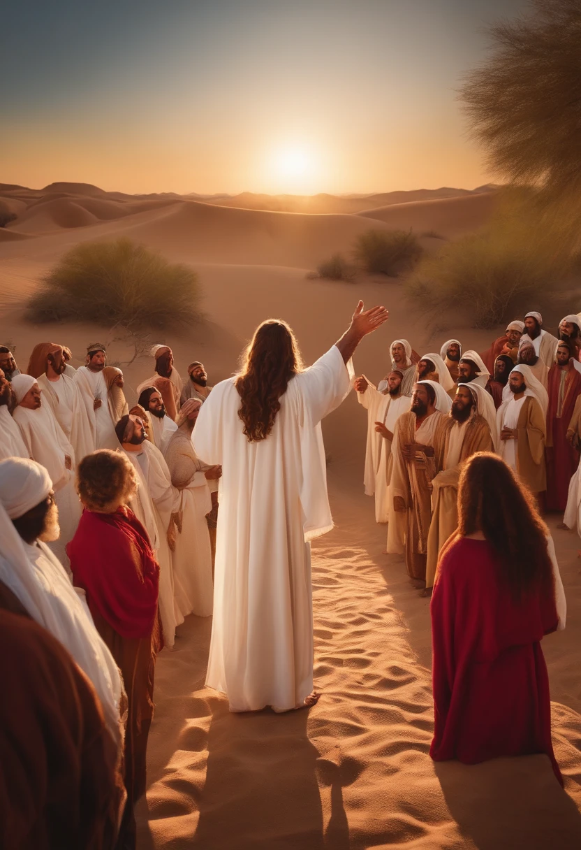 Jesus preaching facing a crowd in the desert in white robes