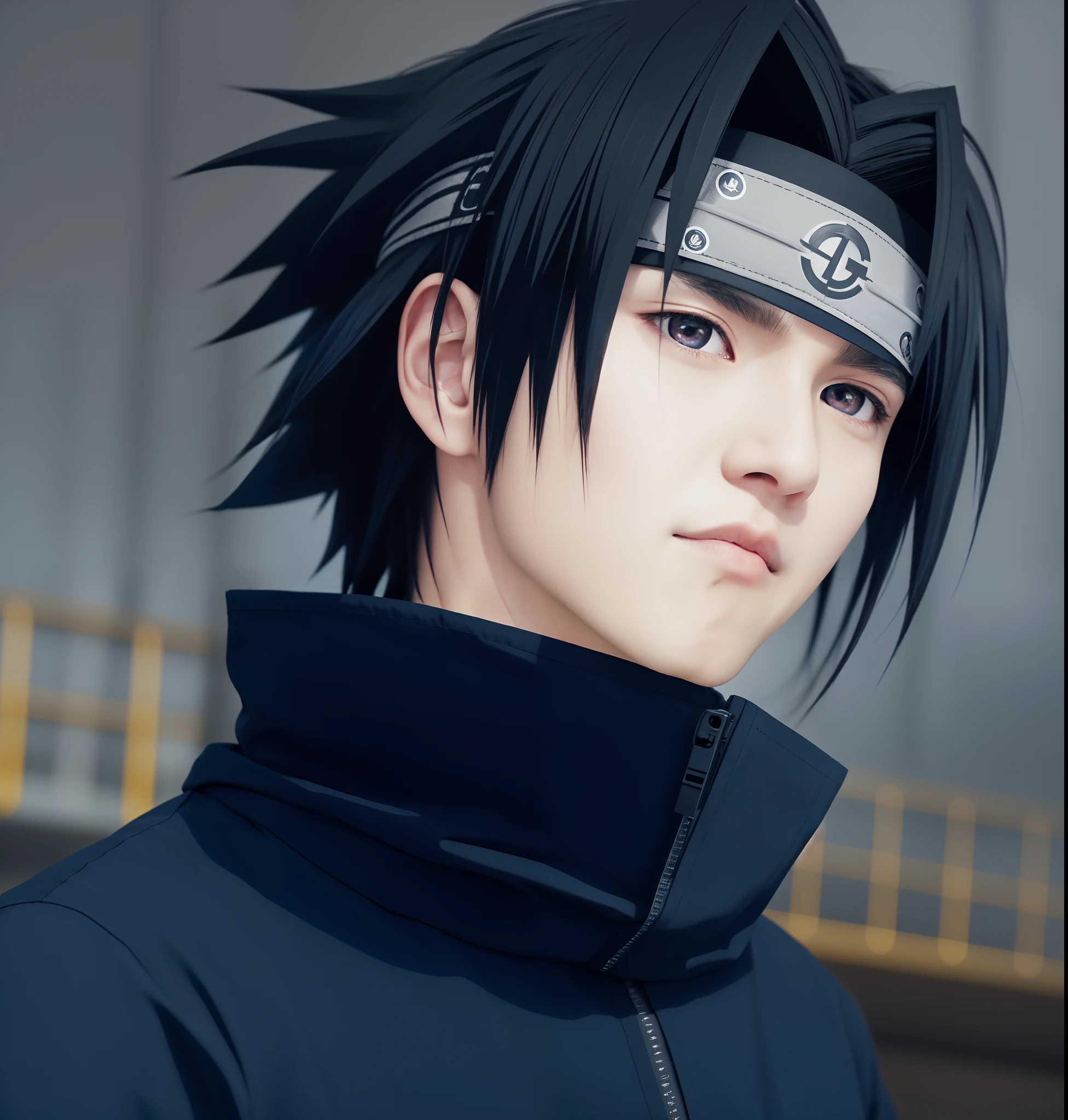 sasuke uchiha, 1boy, male_focus, solo, forehead_protector, black_eyes, black_hair, closed_mouth, upper_body, konohagakure_symbol, blurry, bangs, headband, spiked_hair, cinematic, dramatic lighting photography, national geographic, photo, photography, Stoic, cinematic, 4k, epic, detailed photograph, shot on kodak detailed, cinematic, dark moody, volumetric fog