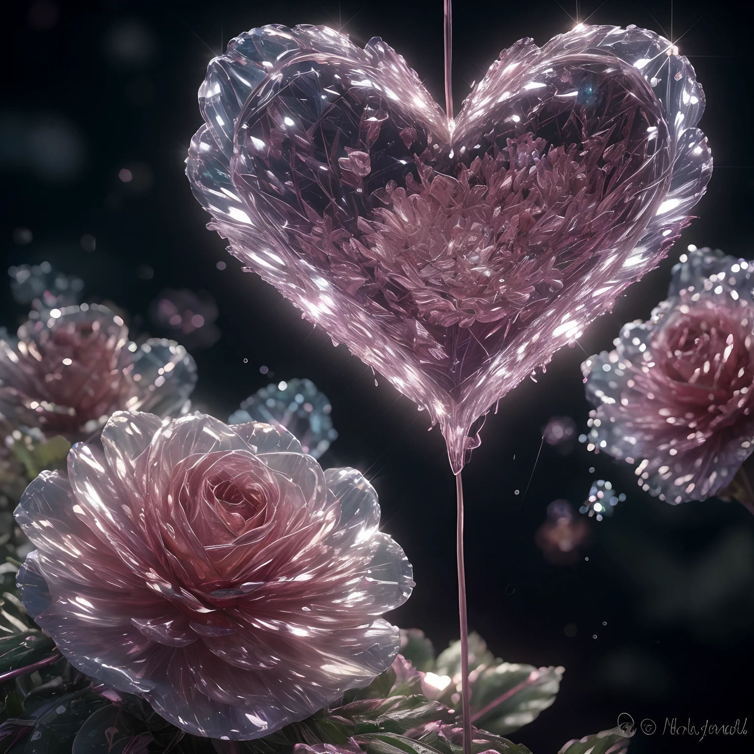 Flower, shiny, rain, sparkles, 10k hd, love, light, hyper realistic, colorful, ethereal, other worldly, unique, glowing flower, sparkling, hyper 3d, sparkling flower, crystal, planet, flower mutated, gorgeous, heart, crystal heart flower, rain, heart flower, human heart, human heart shaped flower, biological human heart, flower blooming on another planet, love protection