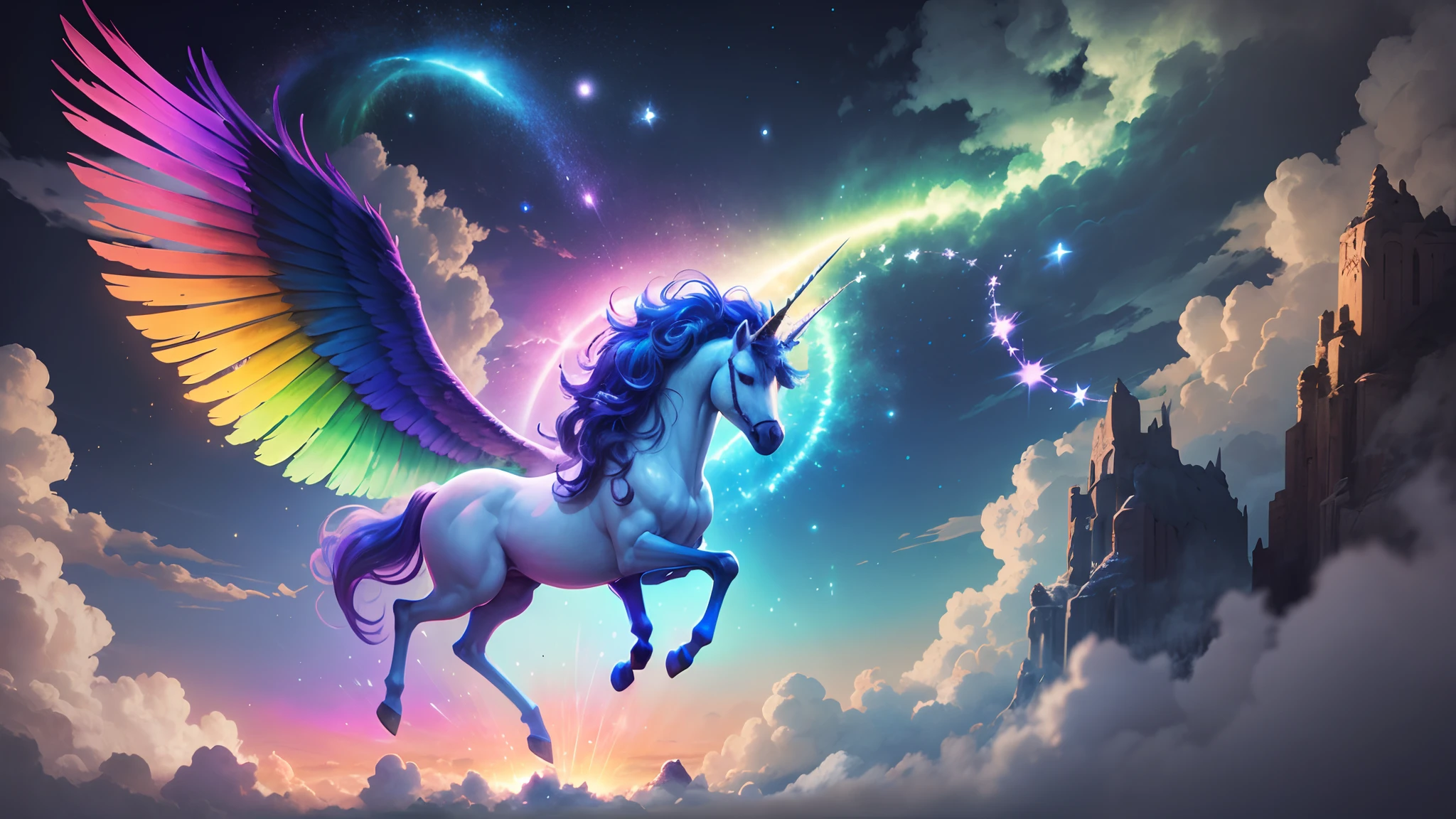 A close up of a unicorn flying through the sky with a rainbow tail ...
