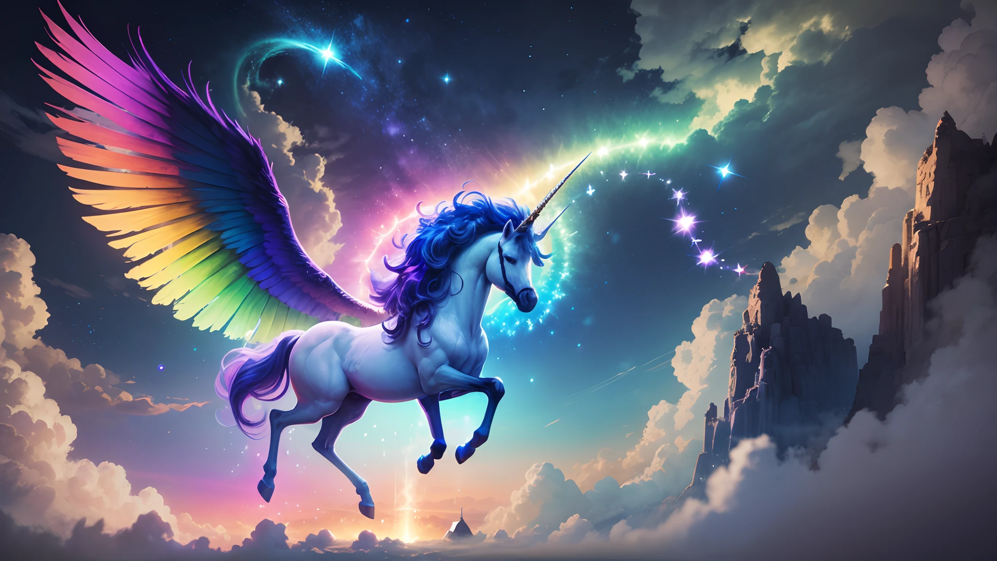 a stunning and powerful unicorn with 2 wings flying in the sky, rainbow in the background  -imagine --auto --s2
