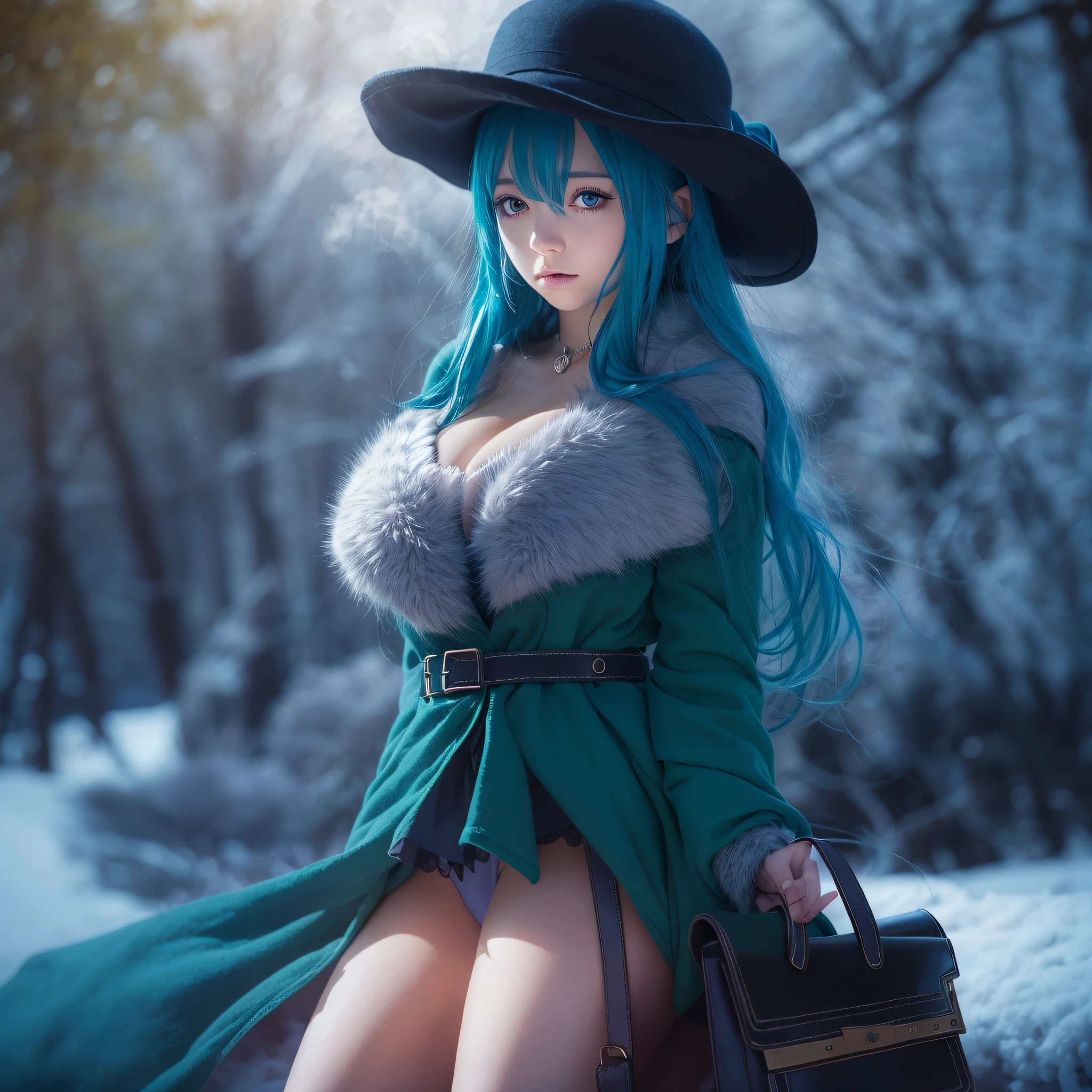 juvia, fairy tail, photos realistic,Cinematic lighting,1girl in, long_hair, breasts, long_sleeves, hat, Dress, Blue_hair, Outdoors, skyporn, Belt bag, cloud, Black_Eyes, coat, furr_trim, Capelet, Black_Capelet, furr_Hats