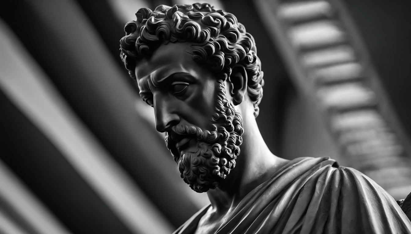a statue of the stoic Marcus Aurelius in black and white 4K,Face de lado, papel de parede super realista, corpo forte, sem camisa, tronco forte, barriga forte