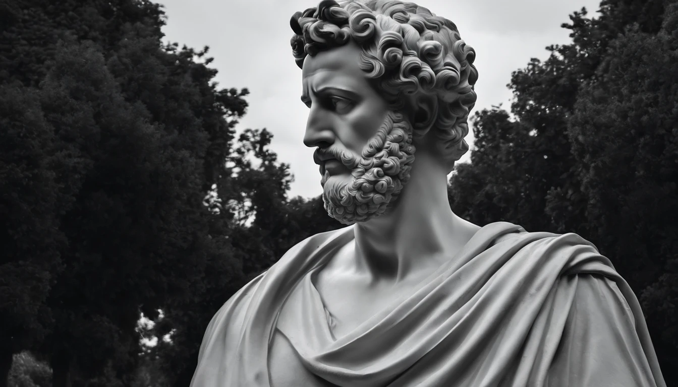 a statue of the stoic Marcus Aurelius in black and white 4K,Face de lado, papel de parede super realista, corpo forte, sem camisa, tronco forte, barriga forte