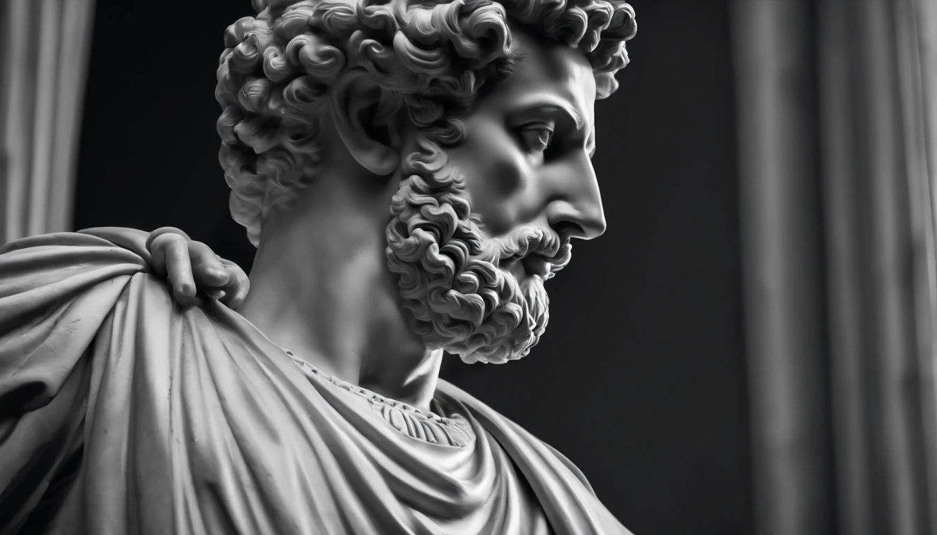a statue of the stoic Marcus Aurelius in black and white 4K,Face de lado, papel de parede super realista, corpo forte, sem camisa, tronco forte, barriga forte