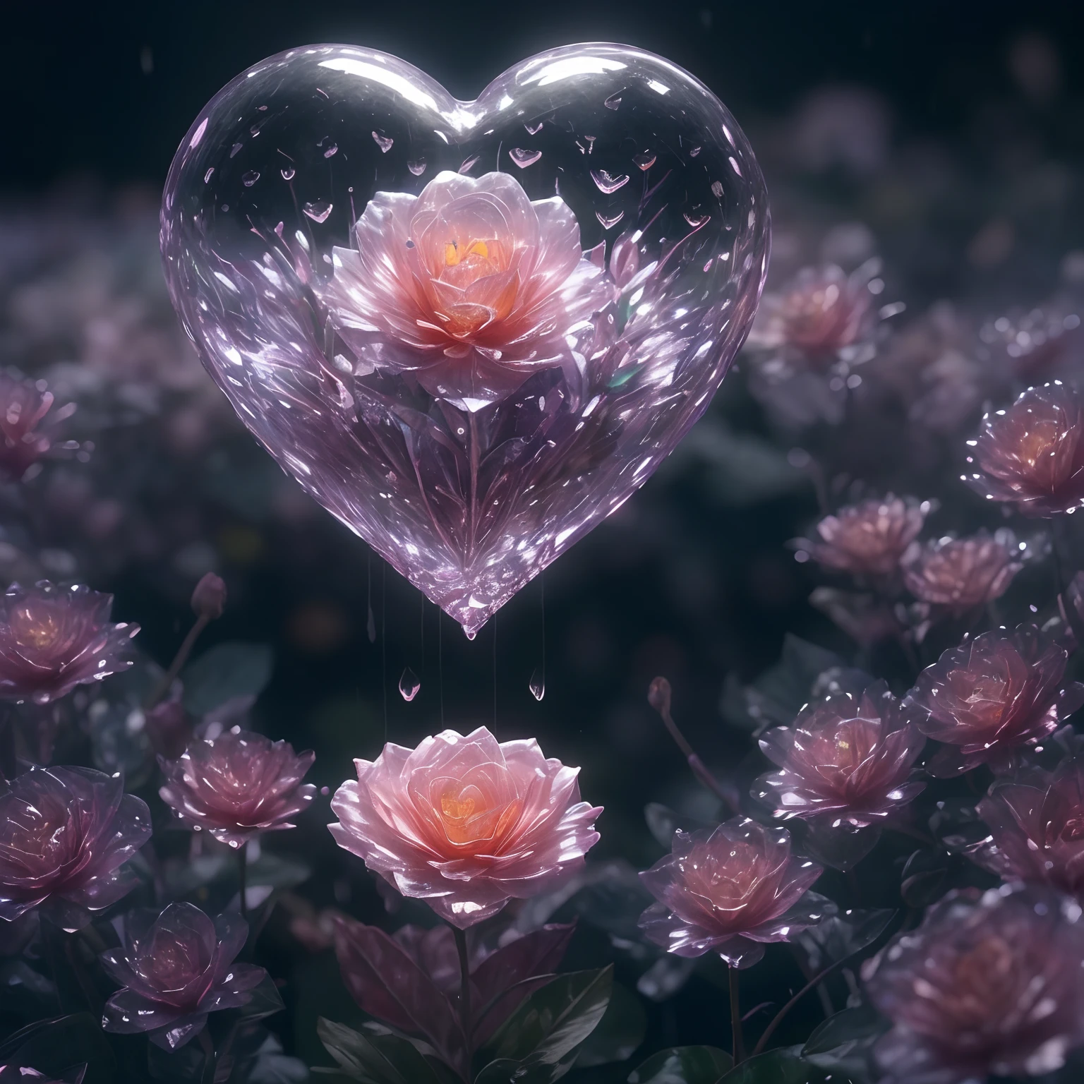 Flower, shiny, rain, sparkles, 10k hd, love, light, hyper realistic, colorful, ethereal, other worldly, unique, glowing flower, sparkling, hyper 3d, sparkling flower, crystal, planet, flower mutated, gorgeous, heart, crystal heart flower, rain, heart flower, human heart, human heart shaped flower, biological human heart, flower blooming on another planet, love protection