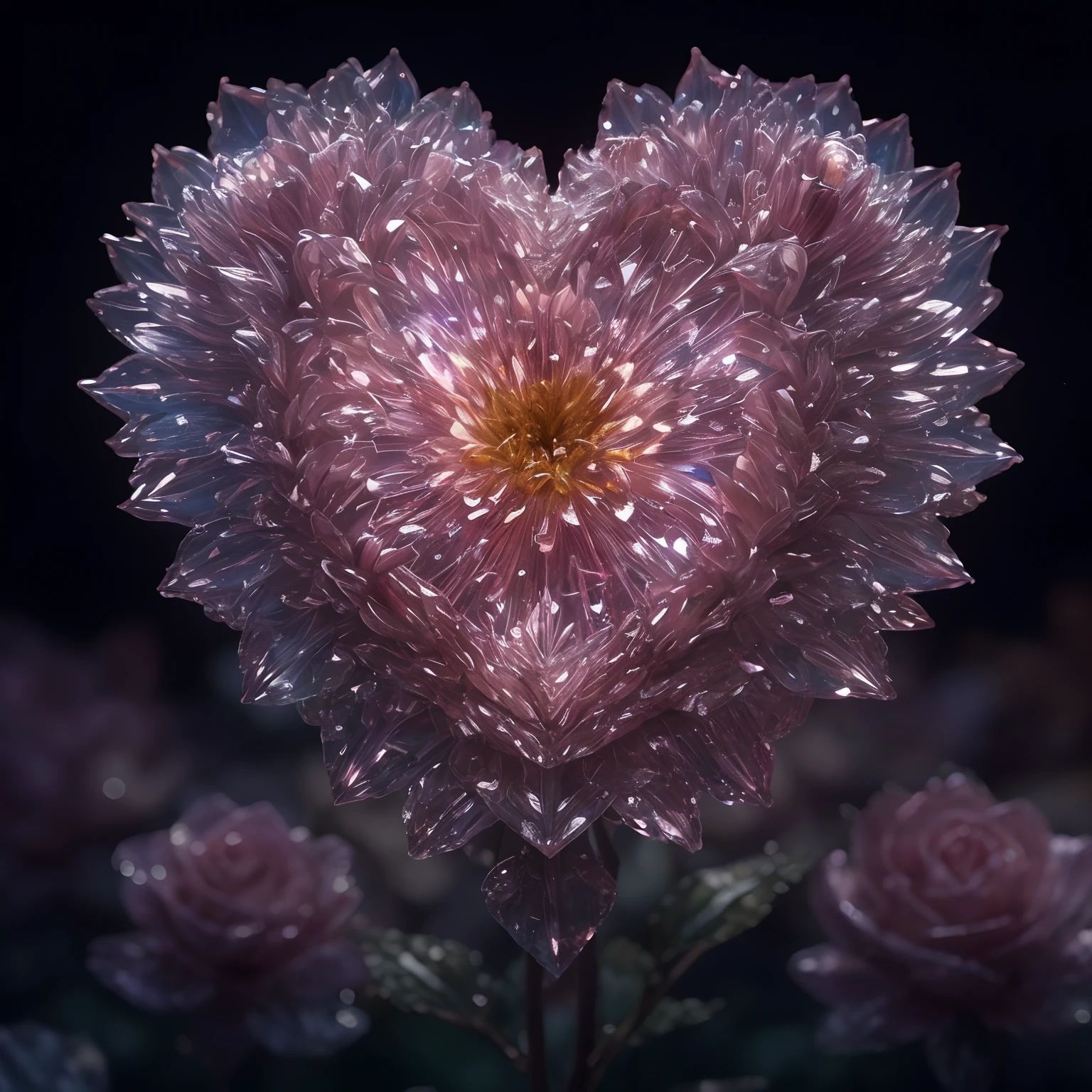 Flower, shiny, rain, sparkles, 10k hd, love, light, hyper realistic, colorful, ethereal, other worldly, unique, glowing flower, sparkling, hyper 3d, sparkling flower, crystal, planet, flower mutated, gorgeous, heart, crystal heart flower, rain, heart flower, human heart, human heart shaped flower, biological human heart, flower blooming on another planet, love protection, alien flower