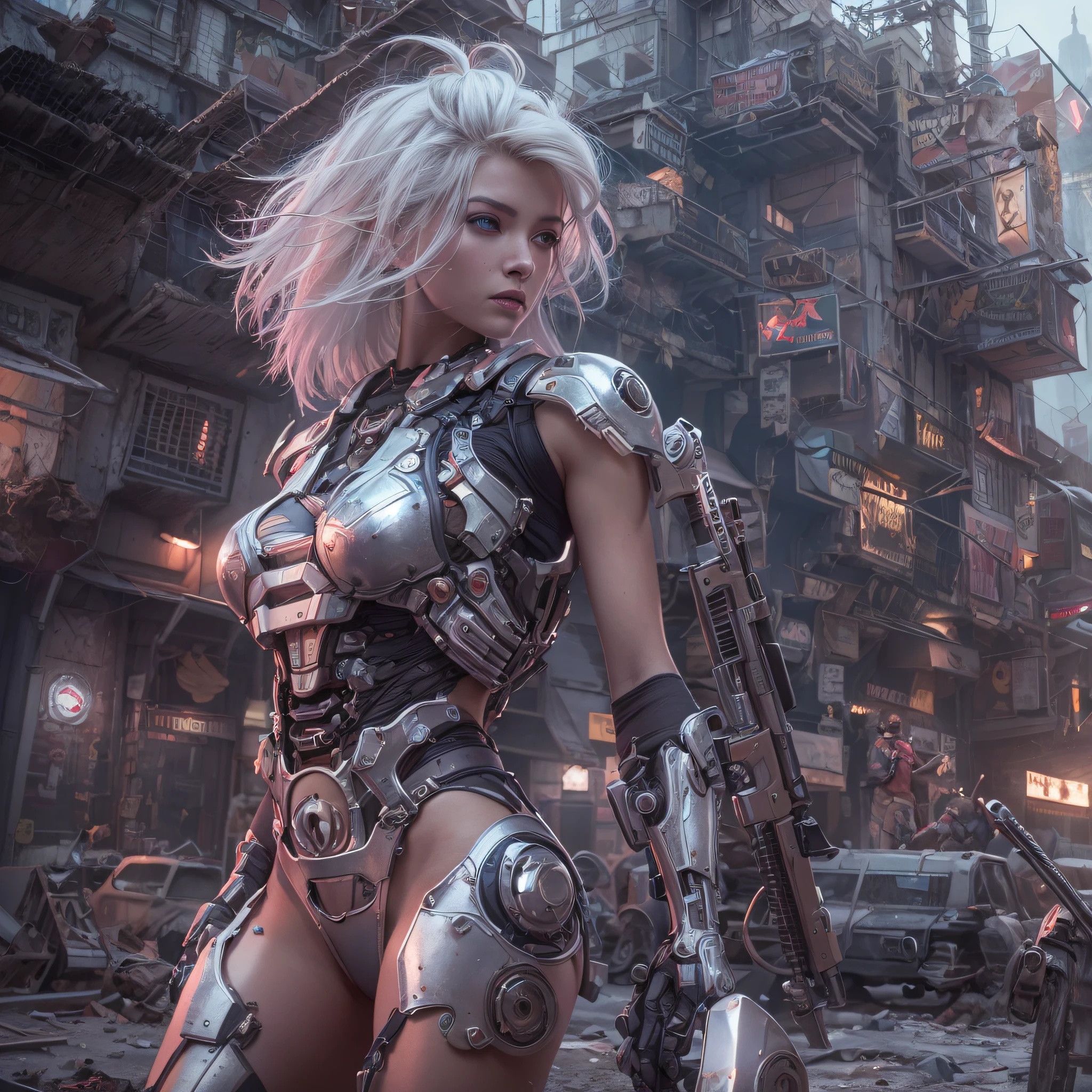 biopunk，Masterpiece, high resolution，best quality，high definition, perfect composition, perfect face, perfect body, 8K，Cinematic lighting，Mechanized city，Half-mechanized man，beautiful mechanics，Silver-haired woman，Ruined cityscape，Armament，Dynamic Pose，