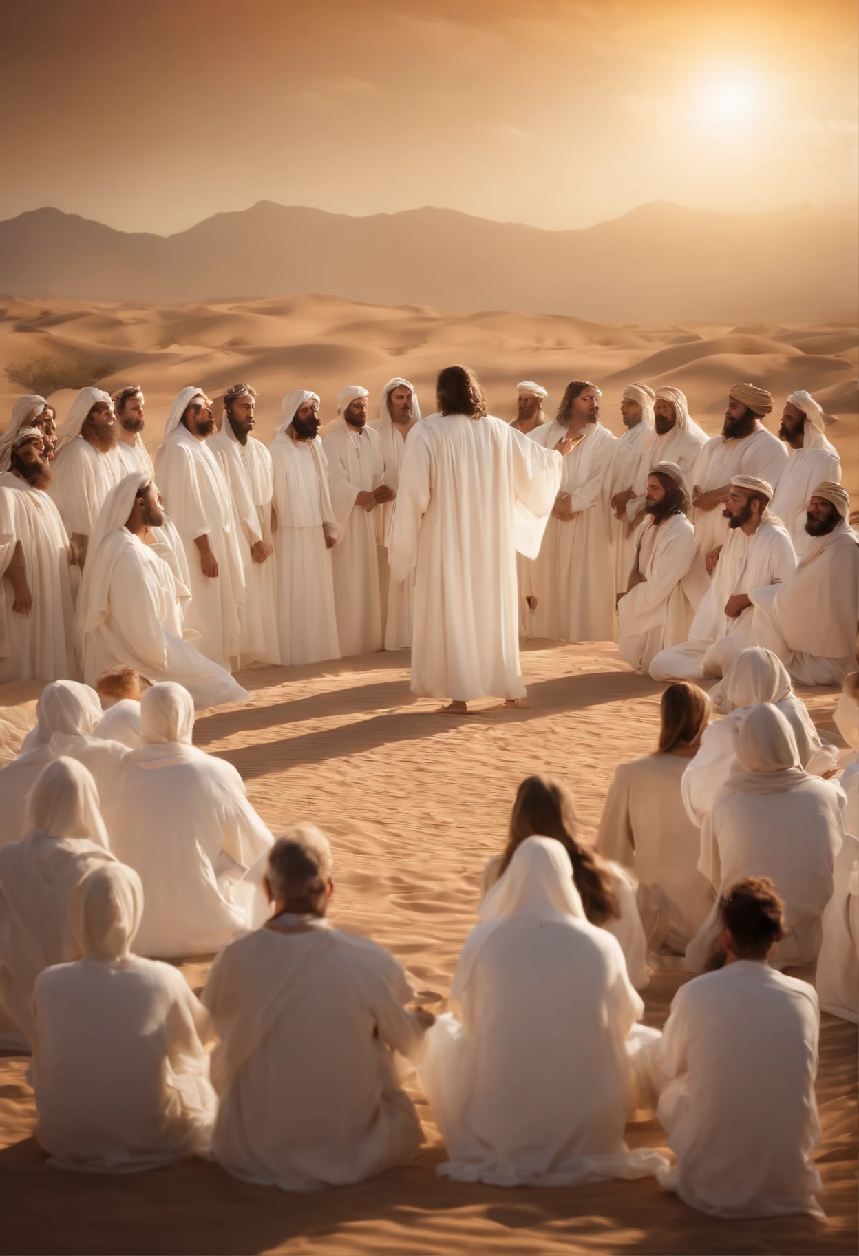 Jesus preaching facing a crowd in the desert in white robes