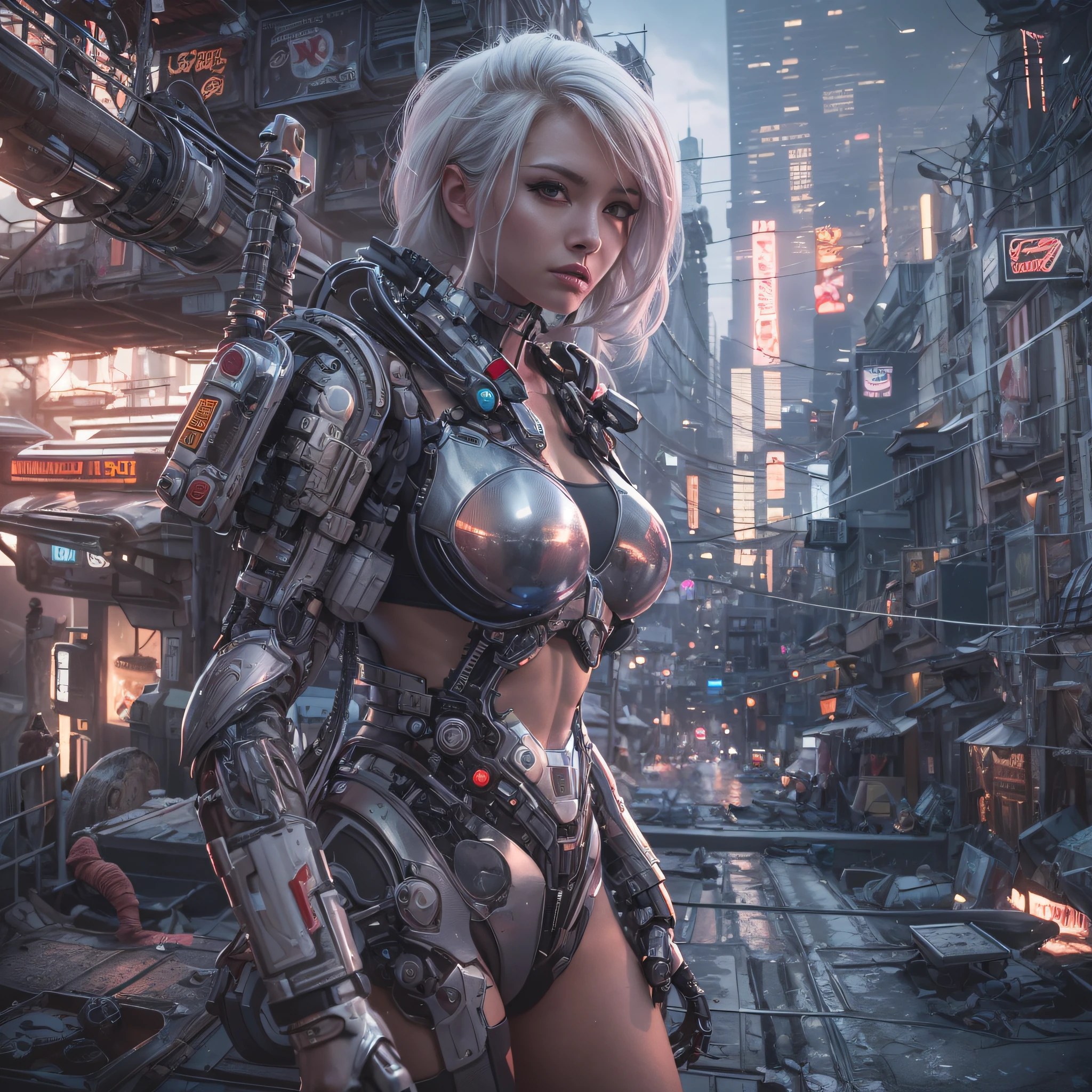 retro-futuristic,biopunk,Masterpiece, high resolution,best quality,high definition, perfect composition, perfect face, perfect body, 8K,Cinematic lighting,Mechanized city,Half-mechanized man,beautiful mechanics,Silver-haired woman,Ruined cityscape,Armament,Dynamic Pose,