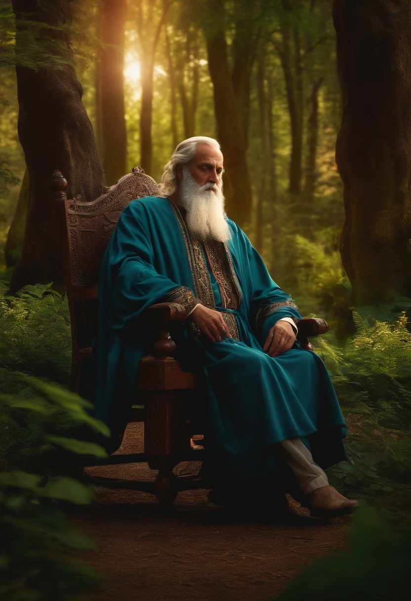4k, 8k, 12k Abraham Father of the Nations Biblical Character sitting in a chair in a grove.