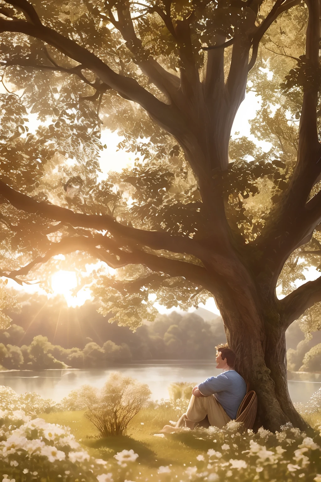 "Generate an ultra-realistic image of a man with a serene and gentle smile on his face, sitting under a majestic tree in the midst of a stunning garden filled with a riot of field flowers. He should be looking forward with his gaze. In the background, there should be a serene waterfall cascading into a tranquil lake. The dappled sunlight filters through the leaves overhead, casting a warm and inviting glow. Capture the essence of serenity and natural beauty in this scene, ensuring every detail is faithfully rendered to achieve a level of realism that makes the viewer feel as though they could step into the image."