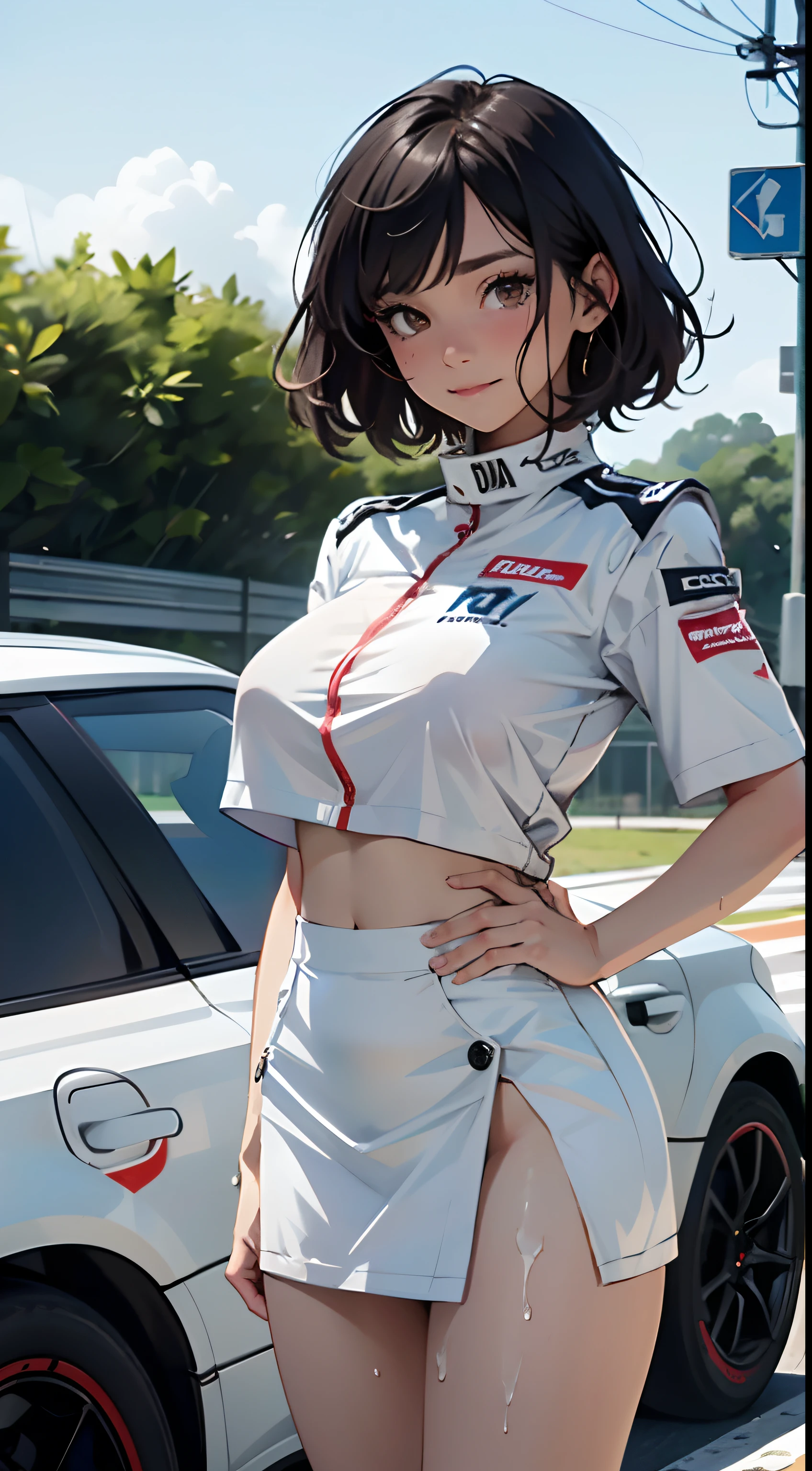 1girl huge large breasts,、((top-quality)), ((masterpiece)), 、A smile、 Pitch Resuit、Colossal tits、Puffy nipple、 knee high、Naughty face、 knee high white、Adult Woman、(cum in vaginas:1.3)、cum in mouth、( G-string to overflow:1.5)、 Sobbing tears、、 short-cut、see through White One Piece Checkered Mini Skirt、dress lift、l、Race Queen、A slender、 , masterpaintings, best qualtiy, Photorealsitic, ultra-detailliert, (shiny skins, perspired:1.4), Look at the big crowd, With short black hair, Brown-eyed,slender,dynamic light and shadow,hight resolution,Sharp Focus,depth of view,The eyes are delicate,Sharp pupils,pupil realistic,(Colossal tits),、A slender、(thick thight),outside of house,Skysky、、grid girl, underboob, wet_clothes, Wearing a grid_girl outfit with sponsor's logo printed, (standing in a motorsport racing)+,, left hand on waist