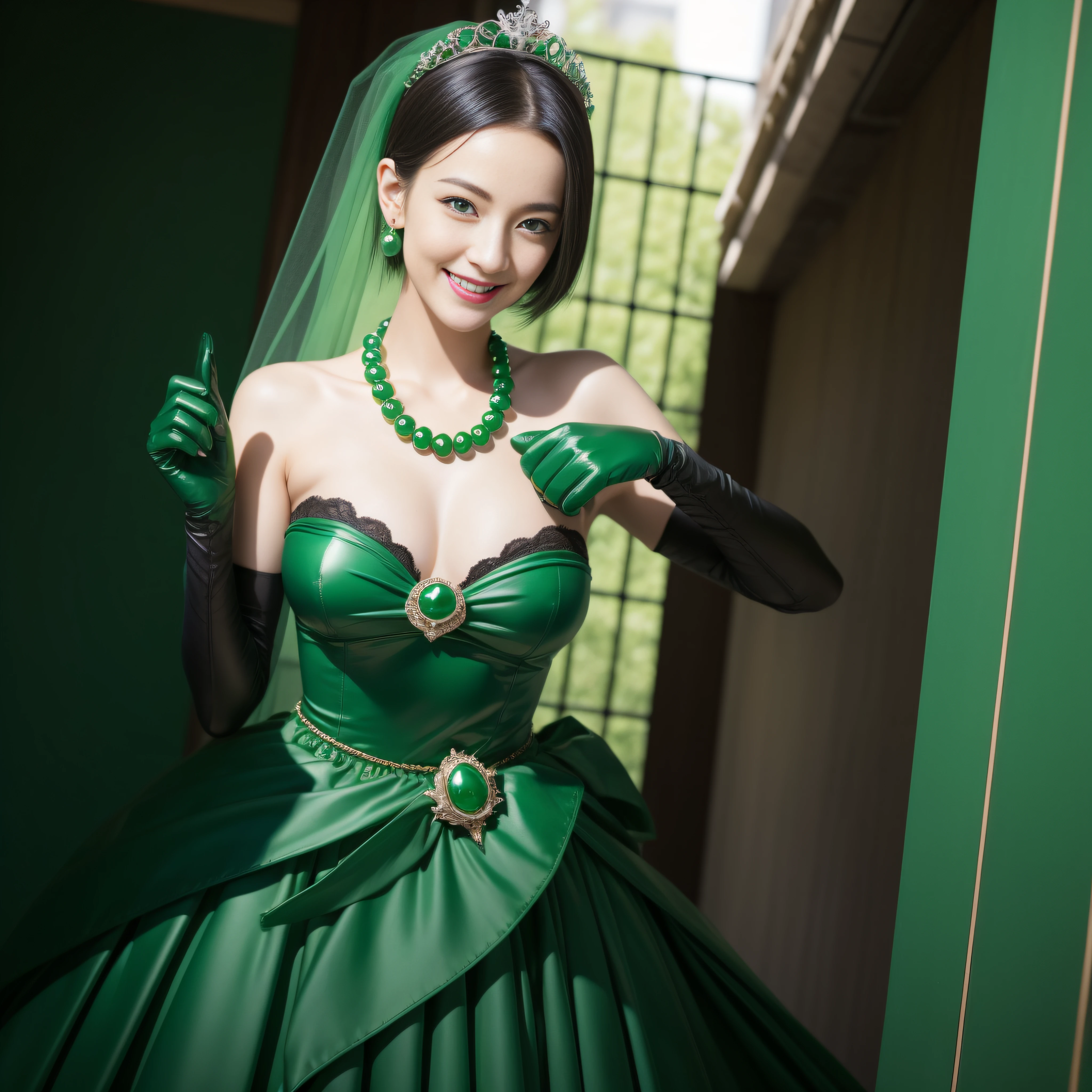 Boyish very short green hair, lipsticks, Japan woman smiling, Green Long Grove, Emerald Tia boyish very short black hair, lipsticks, Japan woman smiling, Satin green long gloves, Green Pearl Necklace, verd s eyes, Green eyes, Long green gloves made of satin material, big breasts beautiful, Green Bridal Veil, Green eyes, Emerald Earrings,emerald tiara, Green eyes