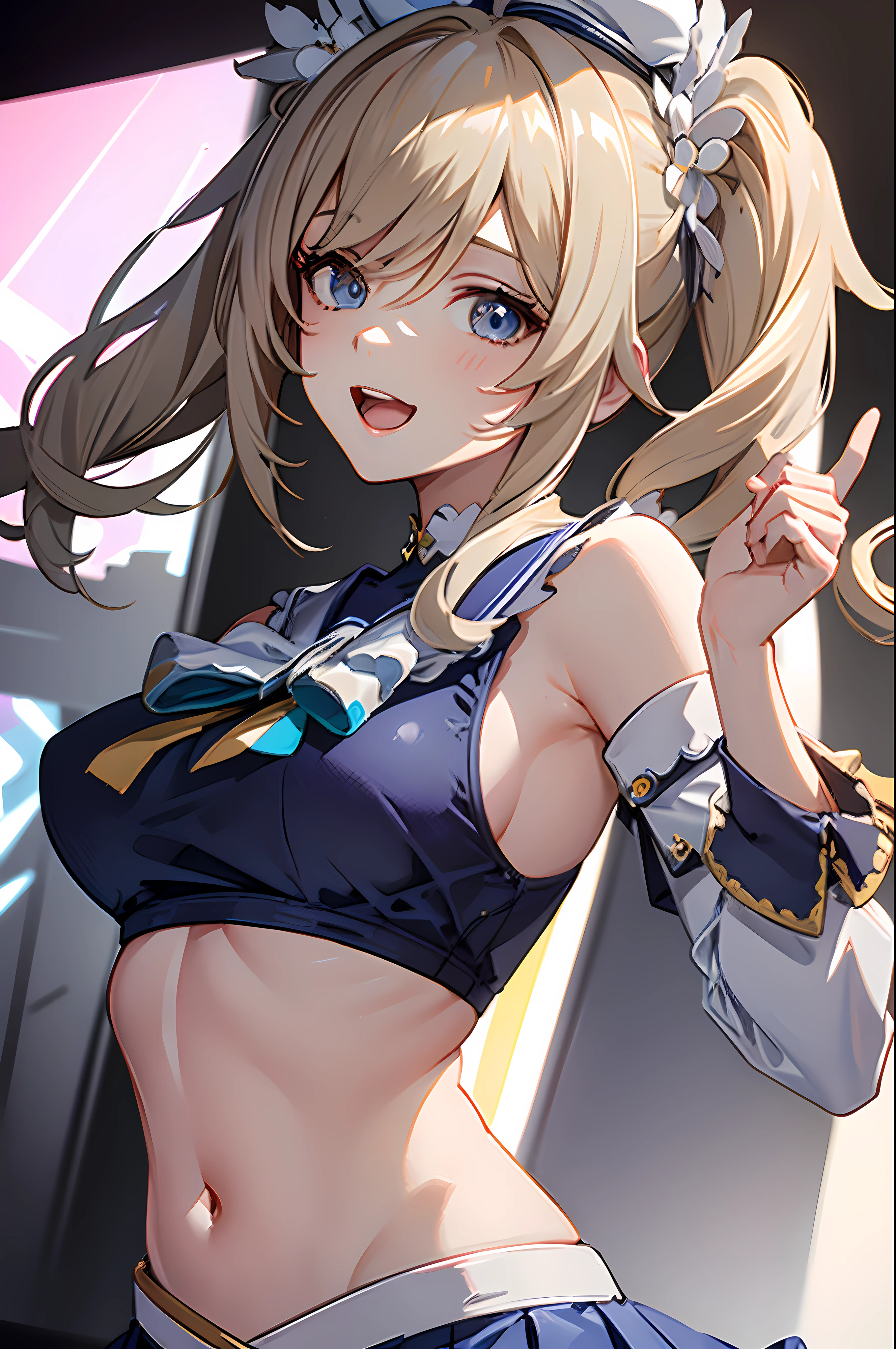 anime, style image of a woman in a crop top bikini,(crop top:1.4),(micro skirt:1.3), undersized clothes, 1girl,barbara \(genshin impact\),smilechoker,sailor hat,hat flower,blue eyes,blonde hair,twintails,detached sleeves,bare shoulders,thigh strap, blue eyes, underboob, sideboob,revealing clothes, medium breast, pigtails, hat, ai's pose, 1girl, solo, smile, open mouth, one eye closed, pointing, microphone, (masterpiece, best quality:1), normal eye,(on a stage with stage lights focusing on the character:1.4),huge screen in the background,(masterpiece, best quality:1.4),high quality, highly detailed,detailed,perfect,(Highres), (Detailed Illustration), Ultra-Detailed, Ambient Light, Realistic Shadows, Detailed Face, (Detailed Hair:1.2),  Reflections, Detailed Face,  (Detailed Hair:1.2), (Hyper-Detailed Eyes:1.4), (Detailed Eyes:1.6)