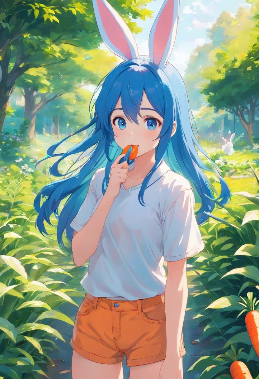 1girl, bunny girl, bunny ears, long blue hair, blue eyes, wearing plain white shirt, denim shorts, garden, absurdres, high res, ultrasharp, 8K, masterpiece, eating carrot, looking at viewer