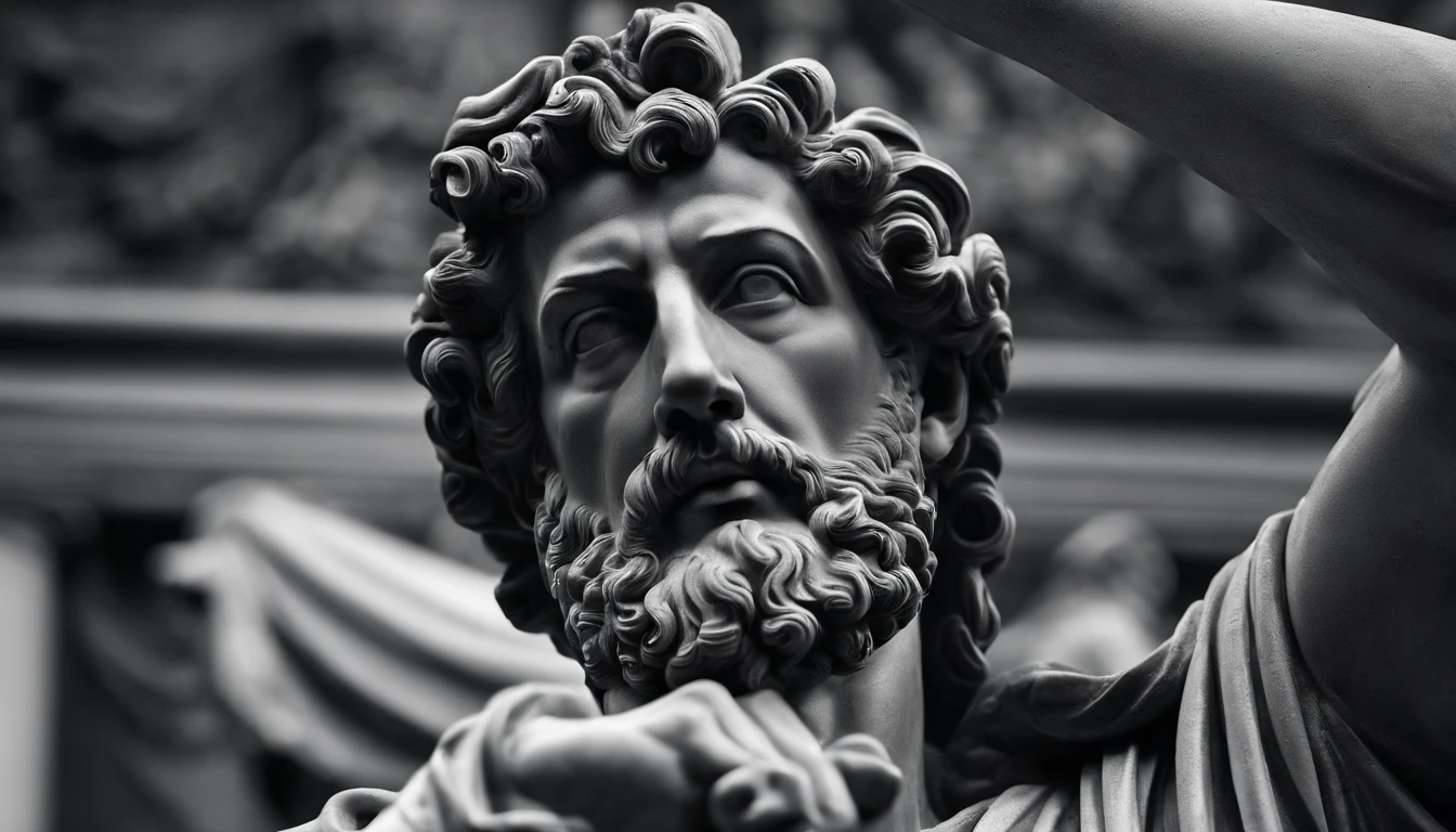 a statue of the stoic Marcus Aurelius in black and white 4K,Face de lado, papel de parede super realista, corpo forte, sem camisa, tronco forte, barriga forte