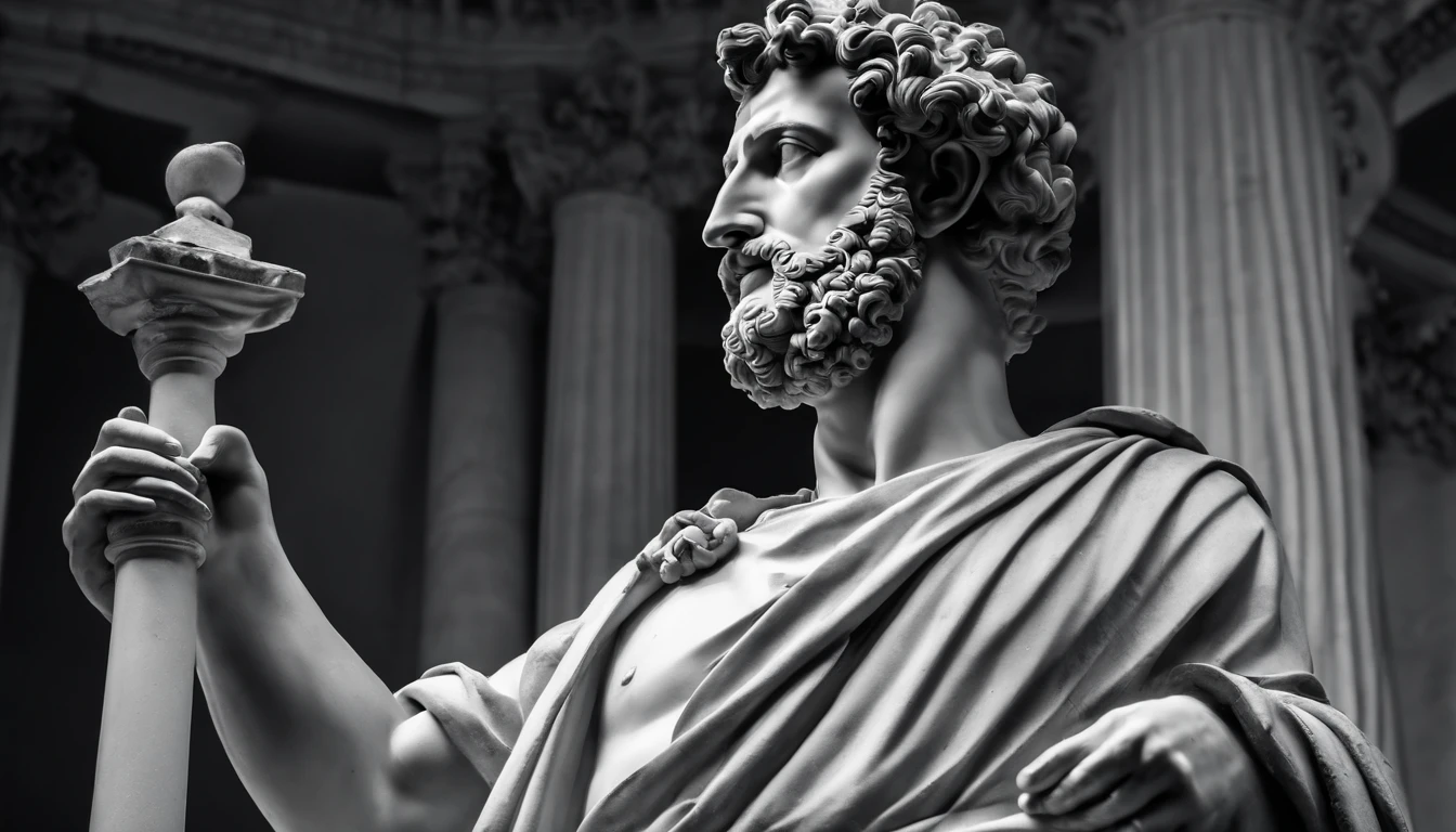 a statue of the stoic Marcus Aurelius in black and white 4K,Face de lado, papel de parede super realista, corpo forte, sem camisa, tronco forte, barriga forte