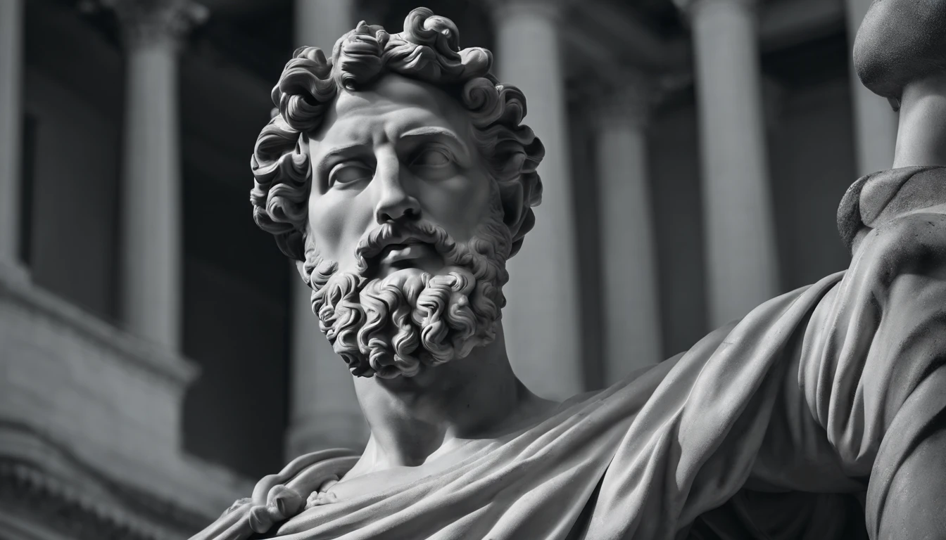a statue of the stoic Marcus Aurelius in black and white 4K,Face de lado, papel de parede super realista, corpo forte, sem camisa, tronco forte, barriga forte