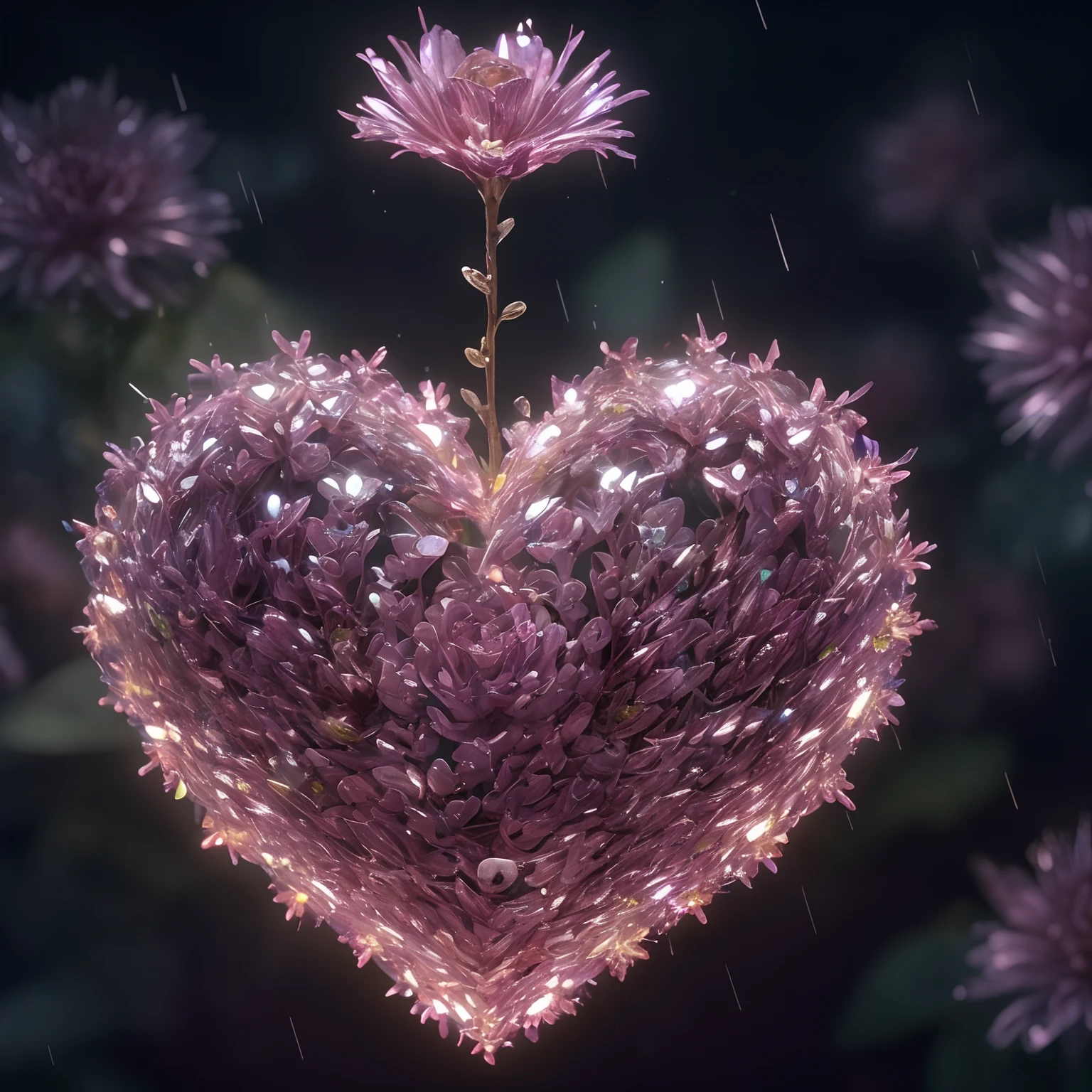 Flower, shiny, rain, sparkles, 10k hd, love, light, hyper realistic, colorful, ethereal, other worldly, unique, glowing flower, sparkling, hyper 3d, sparkling flower, crystal, planet, flower mutated, gorgeous, heart, crystal heart flower, rain, heart flower, human heart, human heart shaped flower, biological human heart, flower blooming on another planet, love protection