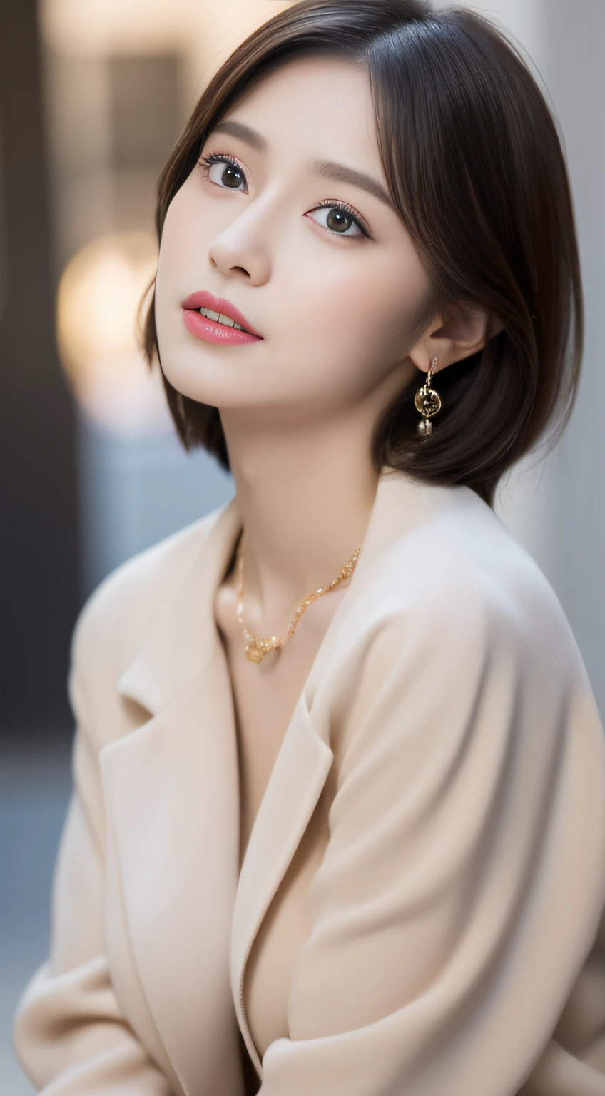 (((32K,very high res, high detailing, highly accurate,Masterpiece Girl 1))),Raw photo & realistic atmosphere,beautiful dark blue eyes,Detailed mouth,Glossy lips,Detailed eyebrows,Soft white skin that shines with every detail,,Eyes drawn in detail、Very beautiful eyes with azure eyes,Detailed lips、Super detailed very beautiful face,Very well-formed face、Lifelike face,shiny beautiful lips,Beautiful eyebrows,Infinite reality,Best design,(Ideal beautiful legs,Beautifully shaped breasts,Very cute beautiful girl, Girl:1.5),Best Natural Makeup,Japanese ido,Korean Idols,Young sensual idol,Moist eyes,Dark beautiful eyes,Beautiful butt,beauty legs,,camel's foot,:1.3),超A high resolution、,Natural and realistic face,Back lighting,Pure eyes are too cute,(((photorealisim,Photograph the whole body))),,Reality Live Action,(simple earrings,Necklace Arm,Watches,Glossy nail art,Girlish clothes,Simple casual and cute total coordination with bright colors,Spring Long Coat,Blouse,beautiful skirt,Modest and beautiful fashionable fashion,Heel Shoes,Stylish short hair,独奏,17Old Lori Girl,full body Esbian:1.8),(Insanely cute sober, Modest and young 17-yeaoldl,Shoull-body fashion,Show from thighs to shoes,Sit sexy,Black pantyhose,Slightly chubby,well-styled,A faint smile,If the face is,a baby face,a smayeshadow thi:1.8)