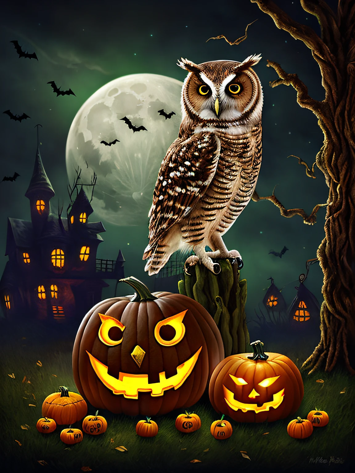 painting of an owl sitting on a pumpkin with a full moon in the background, halloween art style, halloween theme, glowing owl, lisa parker, background artwork, full color digital illustration, halloween celebration, detailed art, detailed digital illustration, spooky halloween theme, halloween night, autumn night, over detailed art, detailed digital artwork, halloween atmosphere, dark but detailed digital art