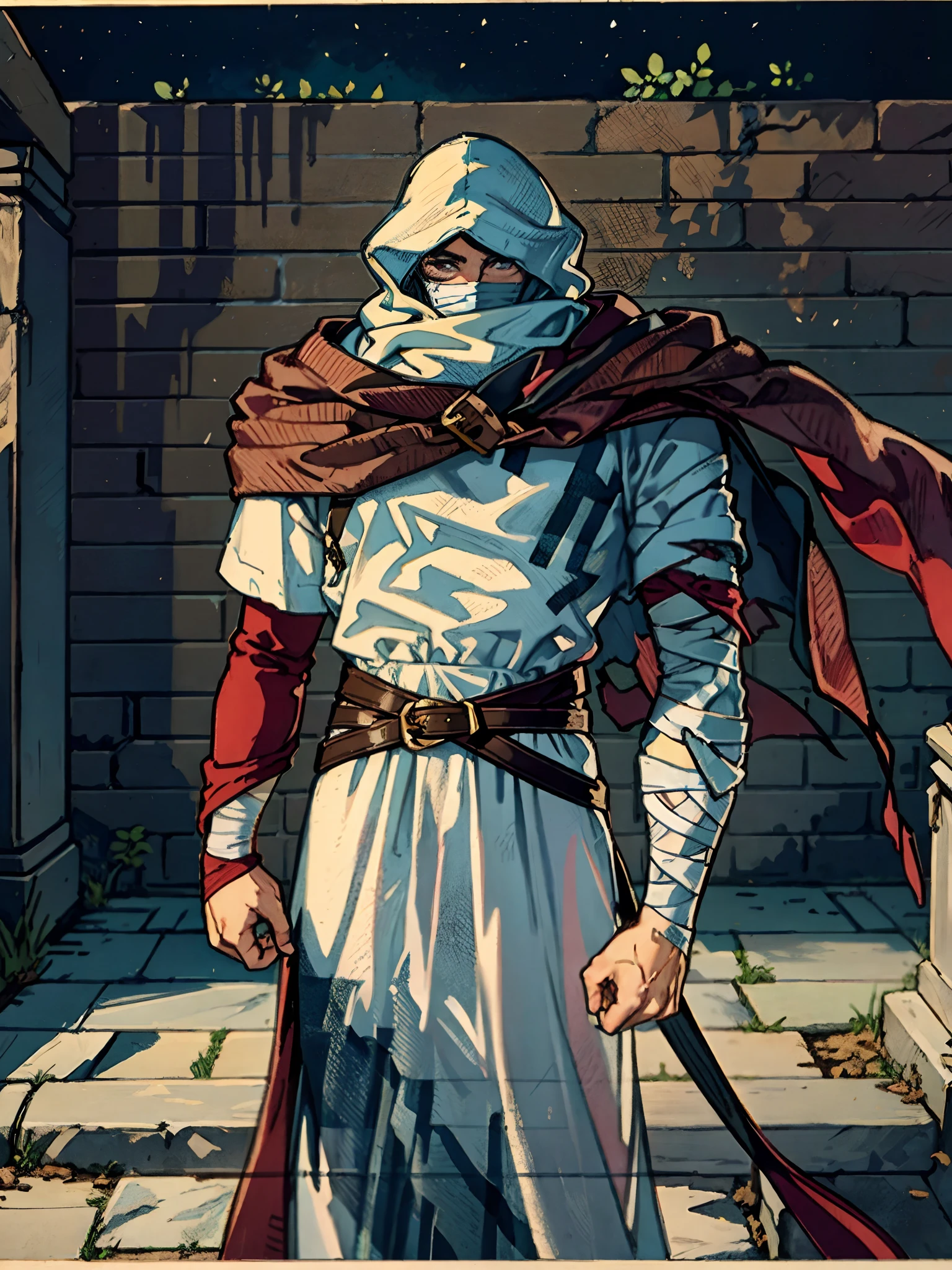 A man whose upper body is entirely bandaged, draped in a hooded cloak that conceals his face, revealing only his snakelike eyes, his waist is adorned with several coiled belts, he wears a long robe on his lower body, set against a backdrop of mysterious ancient ruins, an enigmatic atmosphere, this character embodies a finely crafted a fantasy-style wilderness design in anime style, characterized by a sophisticated and mature manga illustration art style, high definition, best quality, highres, ultra-detailed, ultra-fine painting, extremely delicate, professional, anatomically correct, symmetrical face, extremely detailed eyes and face, high quality eyes, creativity, RAW photo, UHD, 8k, Natural light, cinematic lighting, masterpiece:1.5