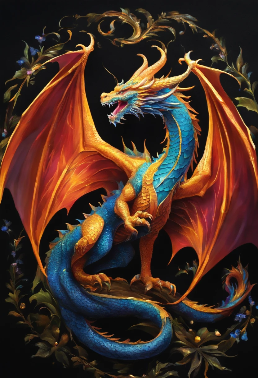 a painting of a colorful Dragon on a black background,, breathtaking rendering, inside a radiant connection, inspirada em Kinuko Y. Craft,, Magical Elements, kitten icon, uau, it's beautiful, casting a colorful multi spell, bright flash, glare