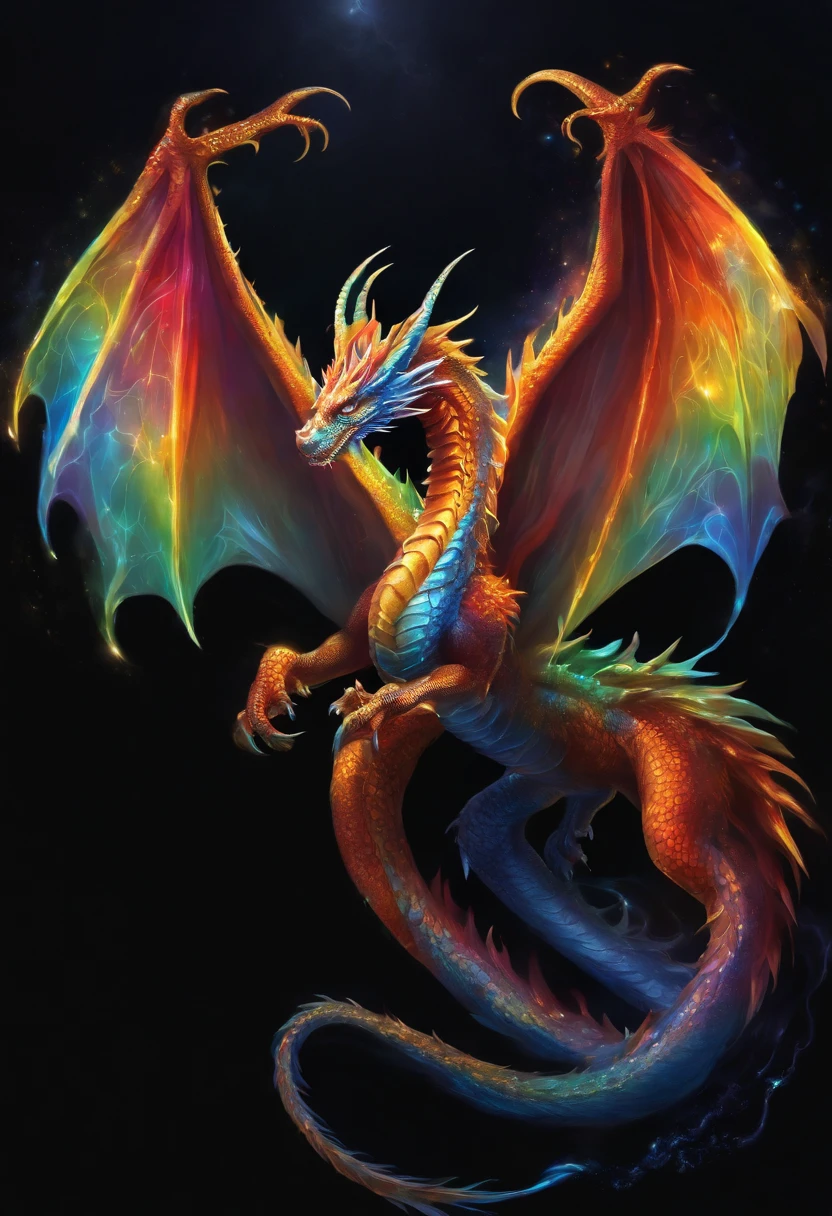 A majestic dragon soaring through the sky, The scene is captured in a digital painting, characterized by vibrant colors and dynamic brushstrokes, The whole image holds an aura of a fantasy world, with the possibility of magic and other whimsical elements present, The style of the digital painting lends drama and movement to the scene, making the dragon appear even more awe-inspiring as it cuts gracefully through the air.