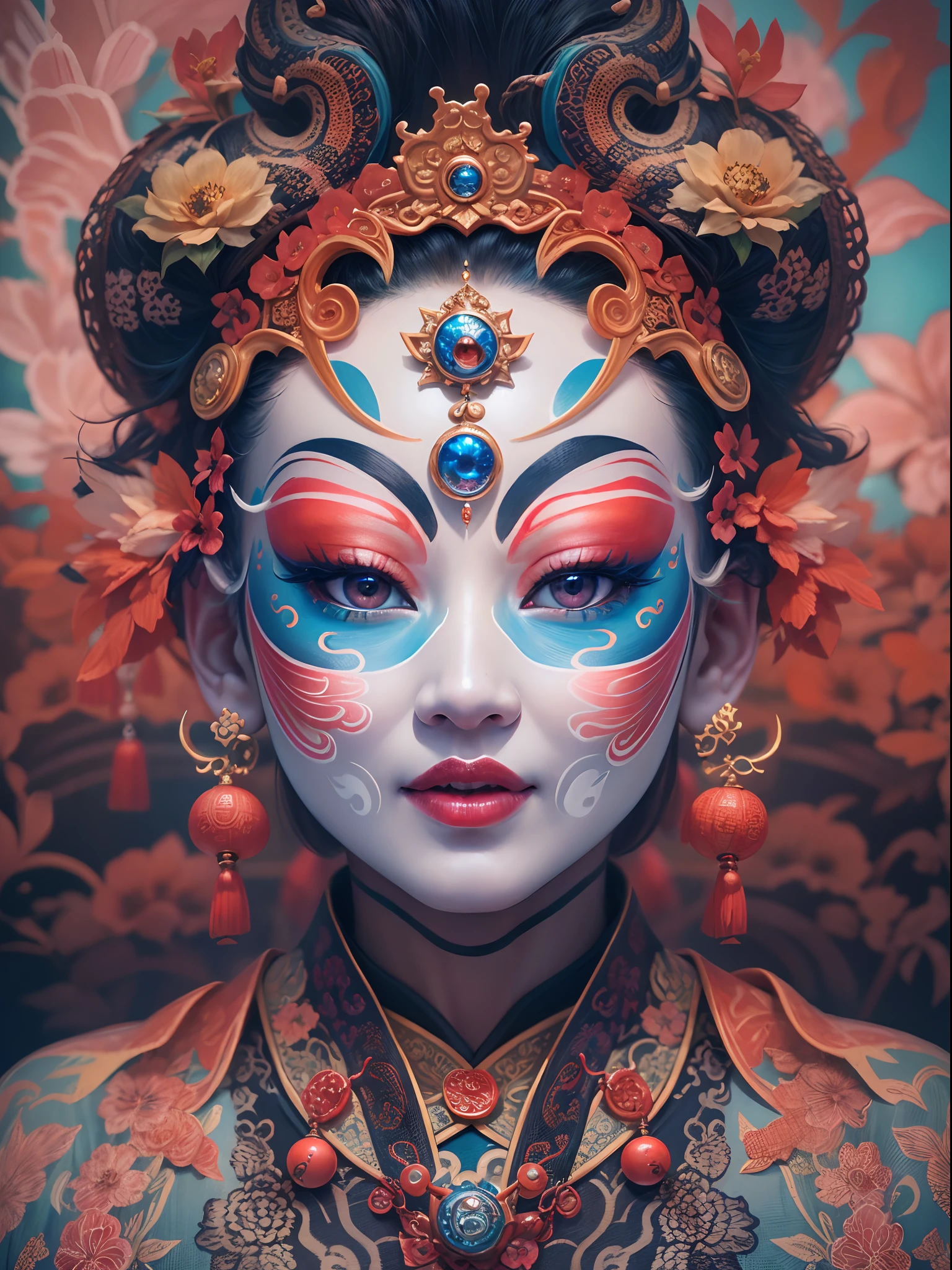 ((Masterpiece:1.1)),((High quality)),(Crazy details.),1girll, Portrait,(beijing opera:1.1),closeup of face,There is a hand on it,Oriental face,Detailed face,Theatre masks,inspired by Wu Daozi,(Symmetrical painted face:1.3),colorful face,overdetailed art,Romantic,Vibratowave,Moonlight,selective focus,infrared,icon style,Orton effect,Pisif,photolab,(8K resolution),
