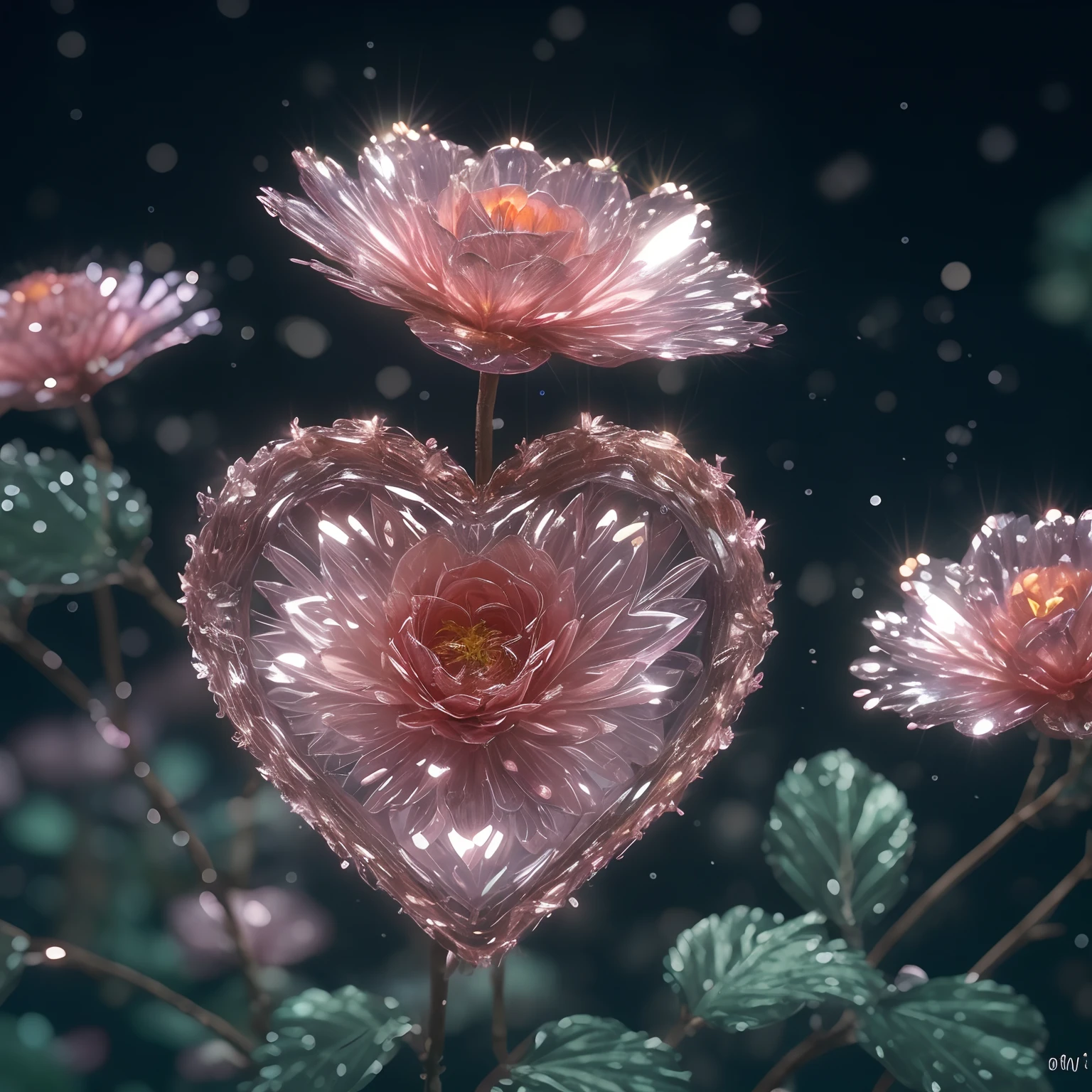 Flower, shiny, rain, sparkles, 10k hd, love, light, hyper realistic, colorful, ethereal, other worldly, unique, glowing flower, sparkling, hyper 3d, sparkling flower, crystal, planet, flower mutated, gorgeous, heart, crystal heart flower, rain, heart flower, human heart, human heart shaped flower, biological human heart, flower blooming on another planet, love protection, alien flower