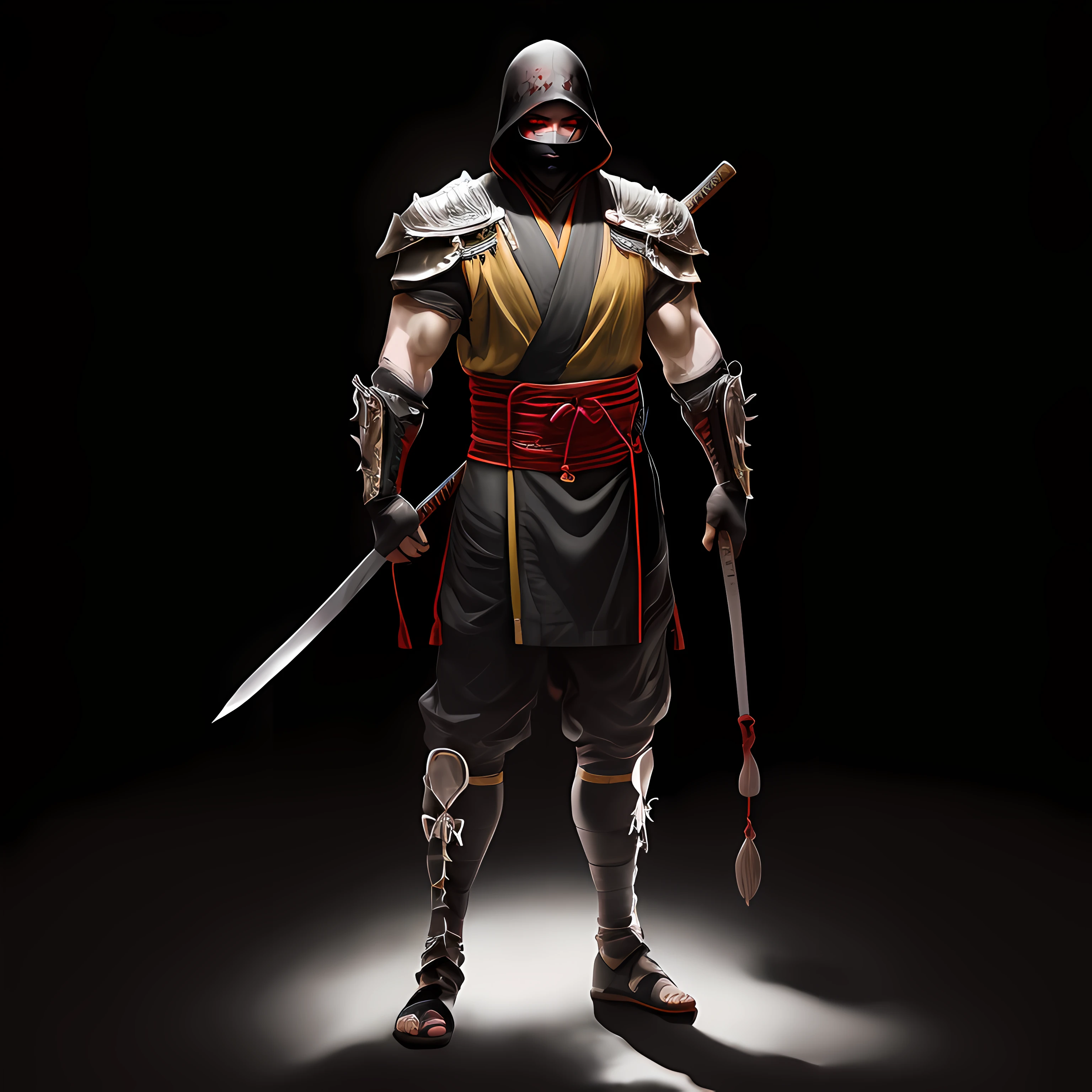 (black background:1.4), sample background, masterpiece, high quality, hdr, 1man, mkscorpion man, Katana, black eyes, wearing ninja mask, ninja hood, ninja_clothes with armor, Japanese traditional ninja costume, black clothes, Black gloves, black foot binding, standing, looking at camera, (full body portrait:1.4)