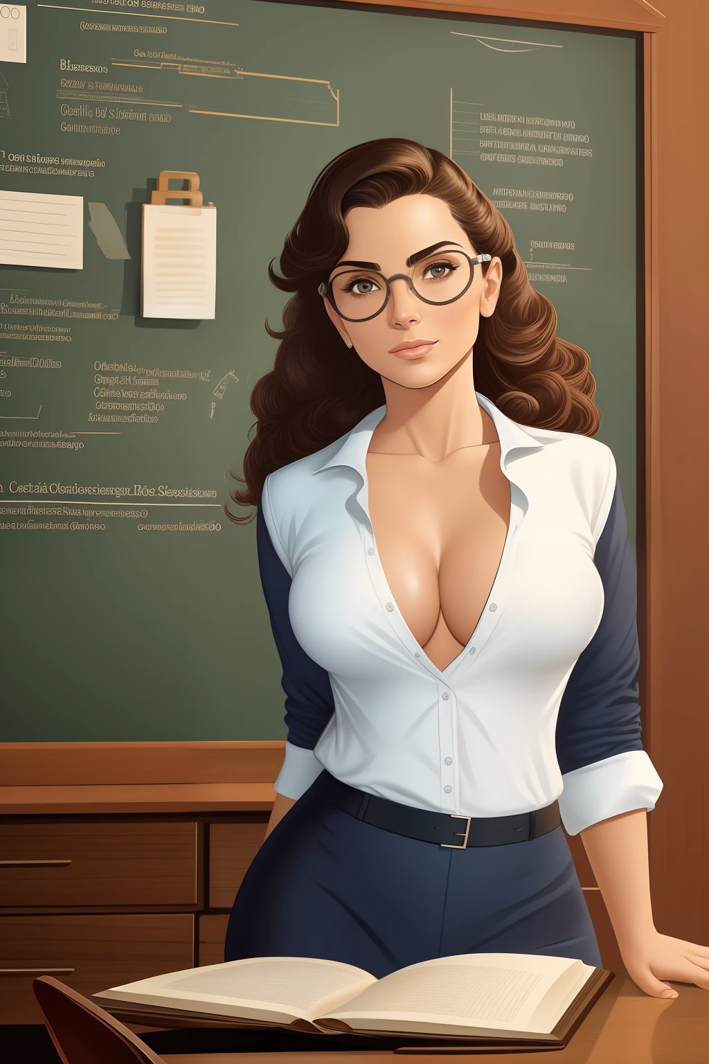 Arte similar Jonh Buscema,1mulher,cabelo longo, louro, olhos azuis, professora, super realistic, seios grandes, university professor's clothes, wearing goggles, olhar sensual, sexy, 4k resolution, Lotes Cameltoe, lotes de dedo de camelo, segurando um livro, pelos louros, a roupa sensual e recatada, leaning against her desk and just behind her a blackboard.