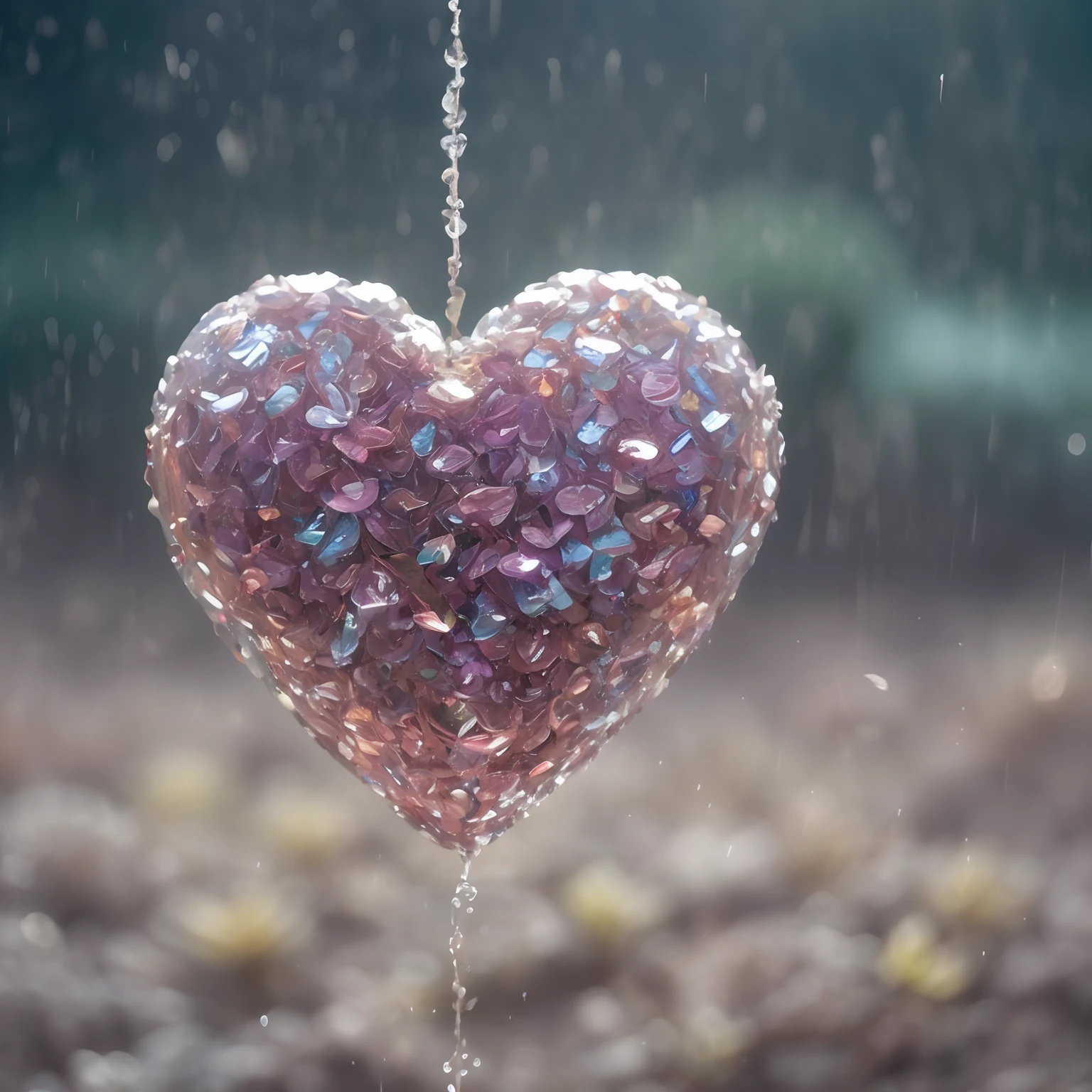 Flower, shiny, rain, sparkles, 10k hd, love, light, hyper realistic, colorful, ethereal, other worldly, unique, glowing flower, sparkling, hyper 3d, sparkling flower, crystal, planet, flower mutated, gorgeous, heart, crystal heart flower, rain, heart flower, human heart, human heart shaped flower, biological human heart, flower blooming on another planet, love protection