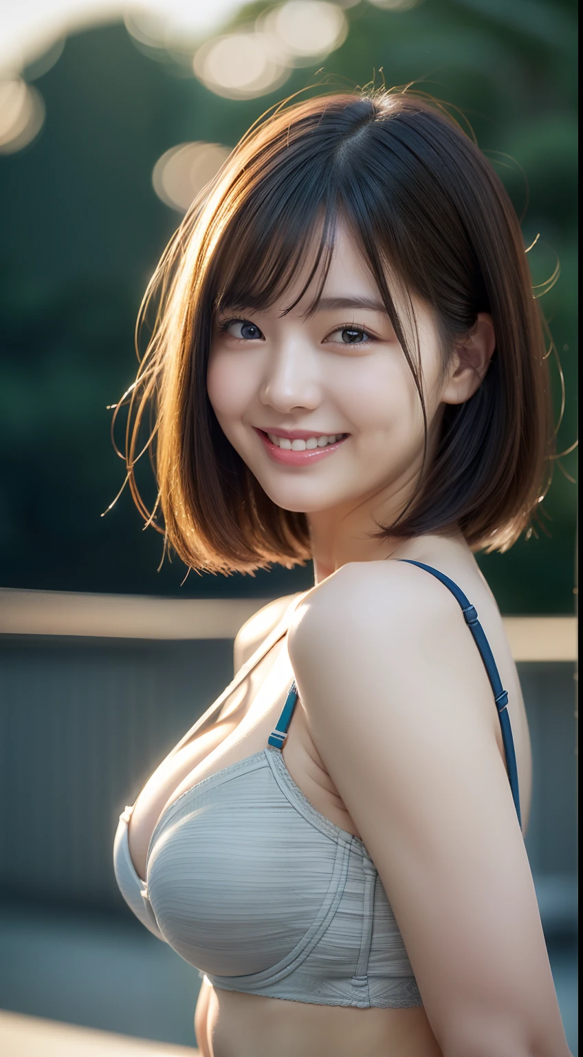Enhanced dynamic perspective,Cute cute beautiful girl,((Tube Top Bra)),Shoulder-free、Short pants、Look at me and smile,simple backgound,Works of masters,high quarity,4K resolution,super-fine,Detailed pubic hair,acurate,Cinematic lighting,Leaves the original facial proportions、(large full breasts)、