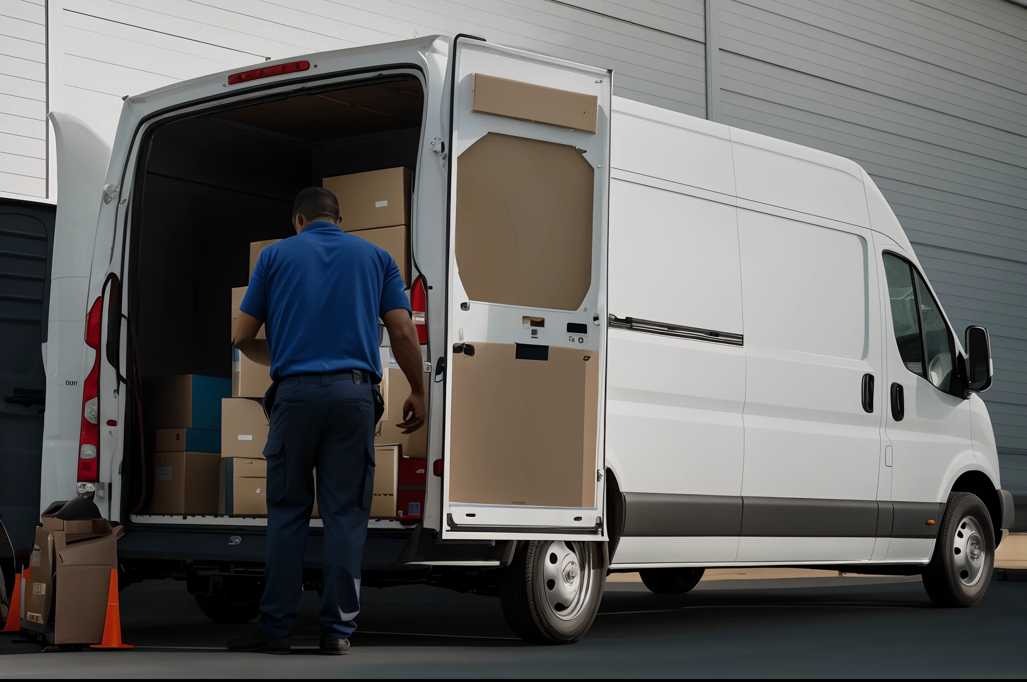a man loading a van with a box in the back, highly detailed van