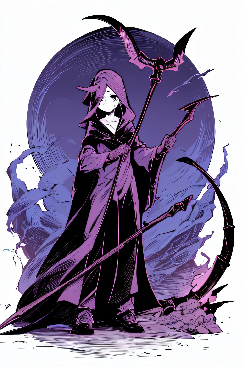 Cute Grim Reaper with a Scythe、bones、bones、bones、Purple Flame、cute little