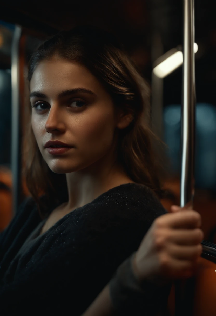 (best quality,8k,highres,masterpiece:1.2),ultra-detailed,(realistic,photorealistic,photo-realistic:1.37),teenager holding a glass knife,blood on her hands,on a bus,wet clothes,black clothes,night,Lunar Lighting,extremely detailed,photorealistic