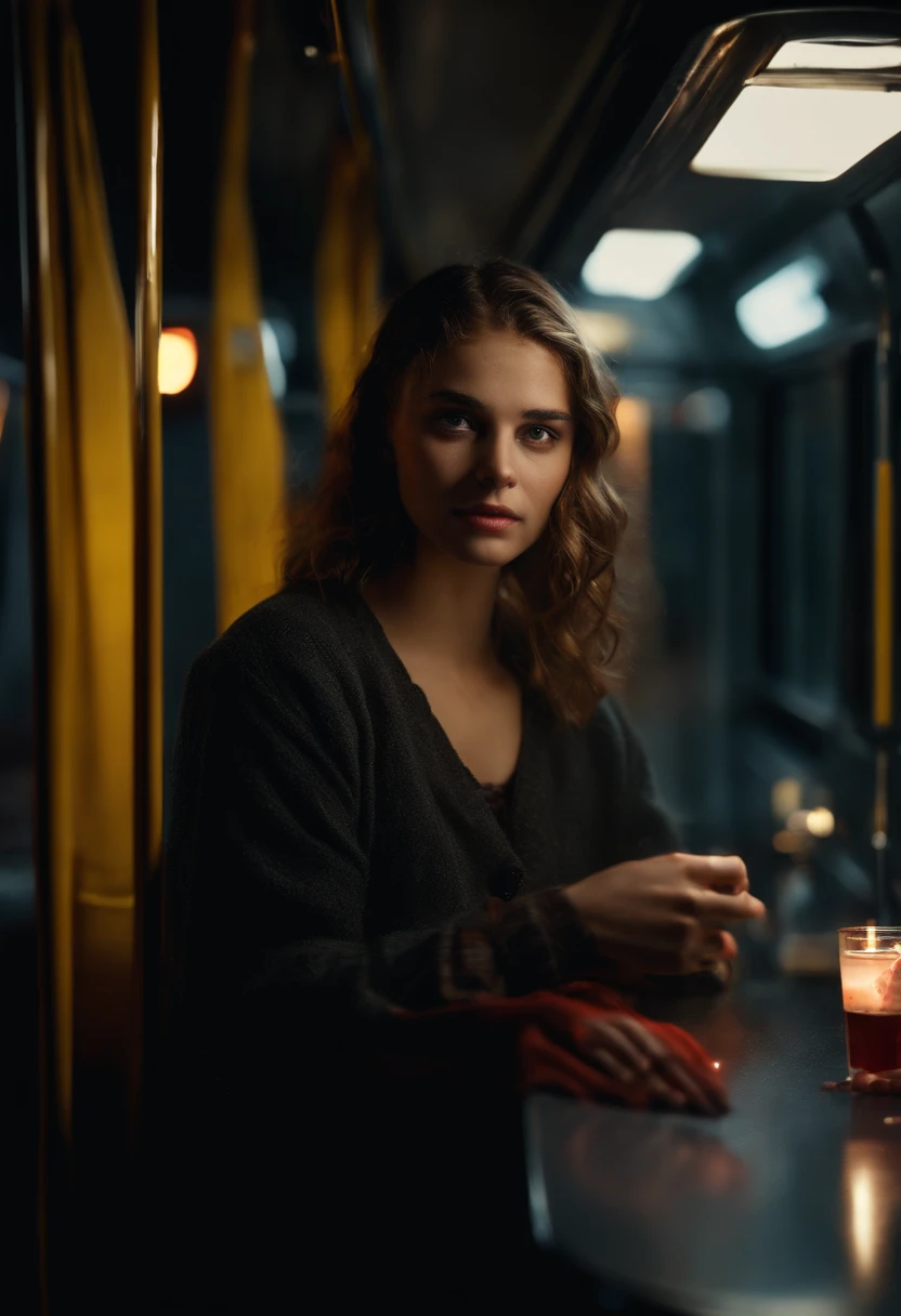 (best quality,8k,highres,masterpiece:1.2),ultra-detailed,(realistic,photorealistic,photo-realistic:1.37),ager holding a glass knife,blood on her hands,on a bus,wet clothes,black clothes,night,Lunar Lighting,extremely detailed,photorealistic