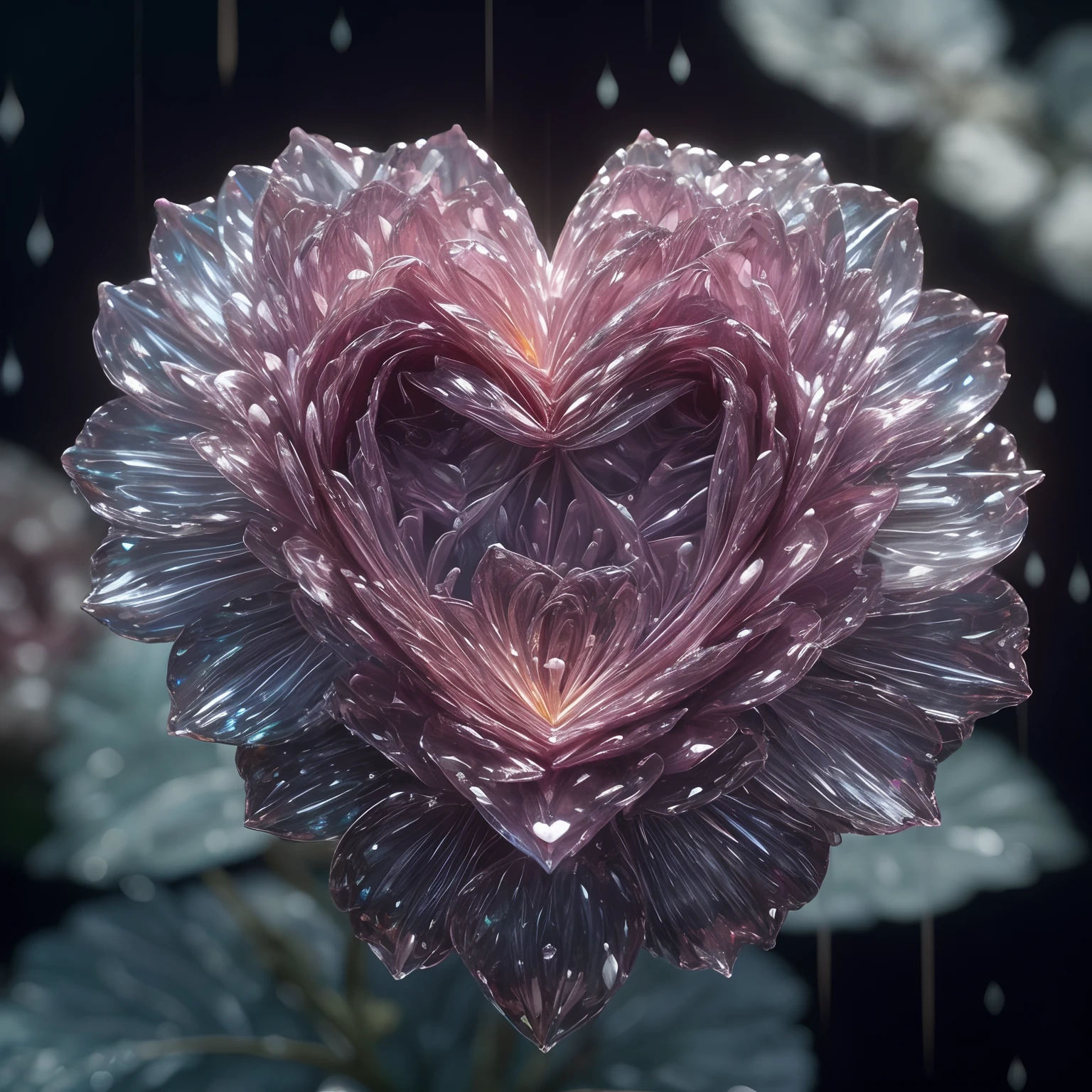 Flower, shiny, rain, sparkles, 10k hd, love, light, hyper realistic, colorful, ethereal, other worldly, unique, glowing flower, sparkling, hyper 3d, sparkling flower, crystal, planet, flower mutated, gorgeous, heart, crystal heart flower, rain, heart flower, human heart, human heart shaped flower, biological human heart, flower blooming on another planet, love protection