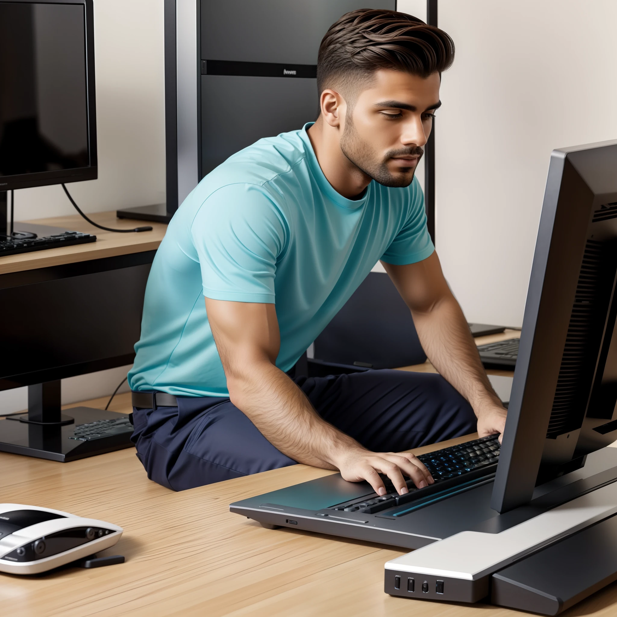 a man sitting on his side looking at the computer munitor with his hands on the highly detailed keyboard, melhor qualidade, 8k,