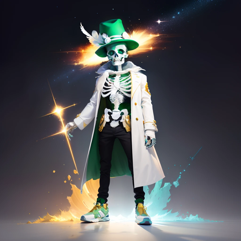 cartoon skeleton with a green hat with white feathers on top, a white coat with golden beams, with very dark reddish pants, and white sneakers with gold laces