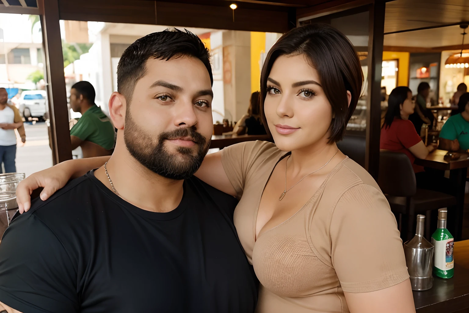 casal num bar, He is fat short hair, barba rala, ela possui cabelos pretos, curtos no ombro e pele branca.