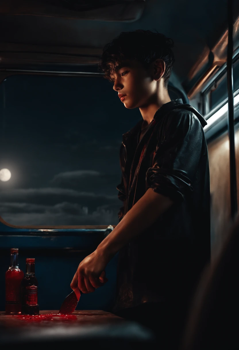 Tennage Boy (holding a Knife), blood on his hands, in a bus, wet clothes, black clothes, night, moon lighting, high detail, photorealistic