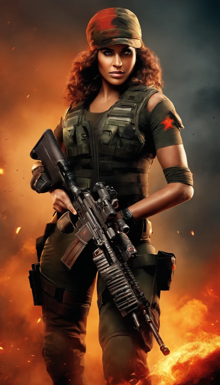 Step into the heart-pounding realm of combat and create a striking image of a girl wearing a Call of Duty: Black Ops suit, complete with guns in her hands. Set the scene against a backdrop of war, capturing the intensity and adrenaline of the battlefield as she exudes confidence and determination, red background