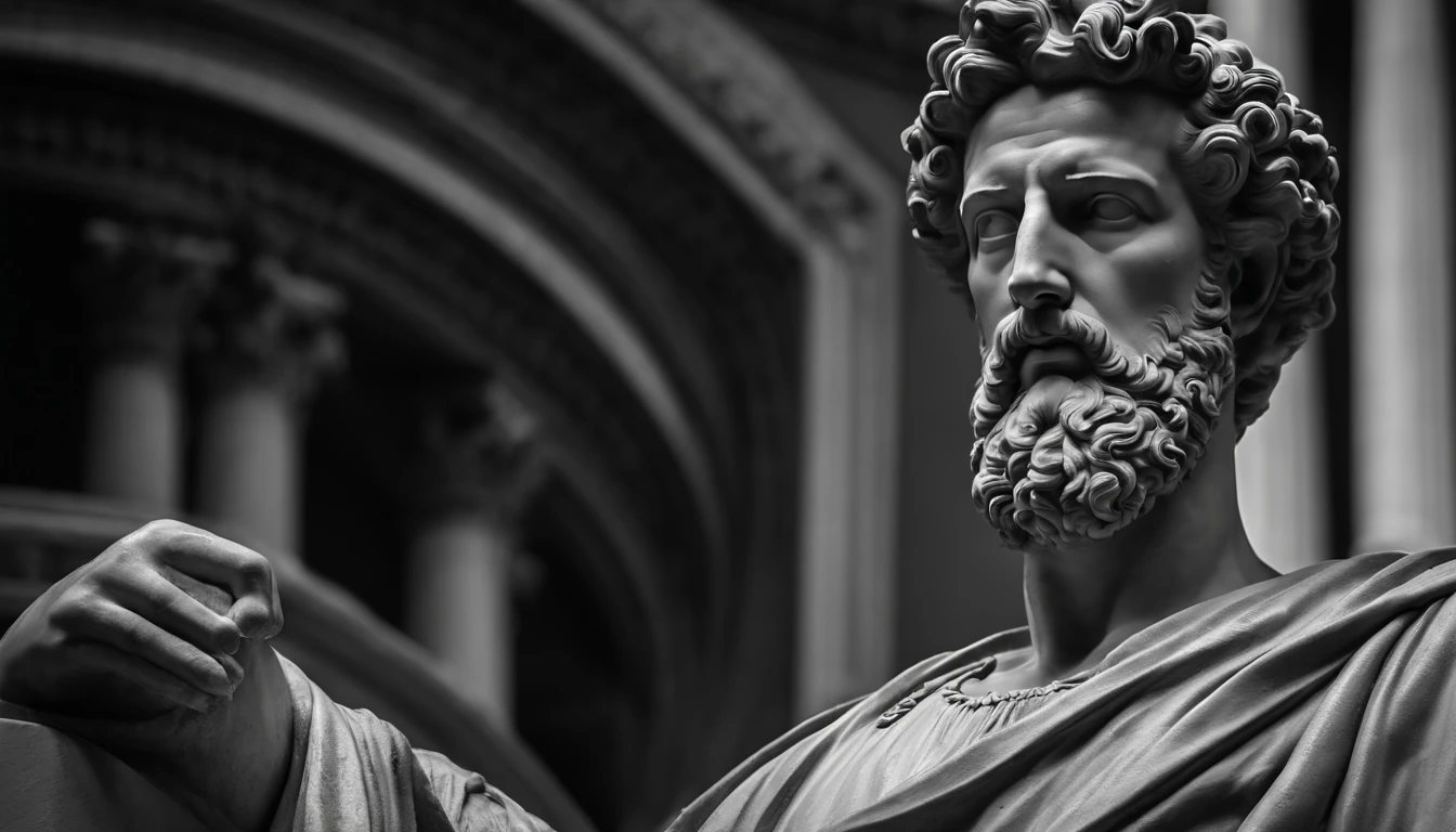 a statue of the stoic Marcus Aurelius in black and white 4K,Face de lado, papel de parede super realista, corpo forte, sem camisa, tronco forte, barriga forte