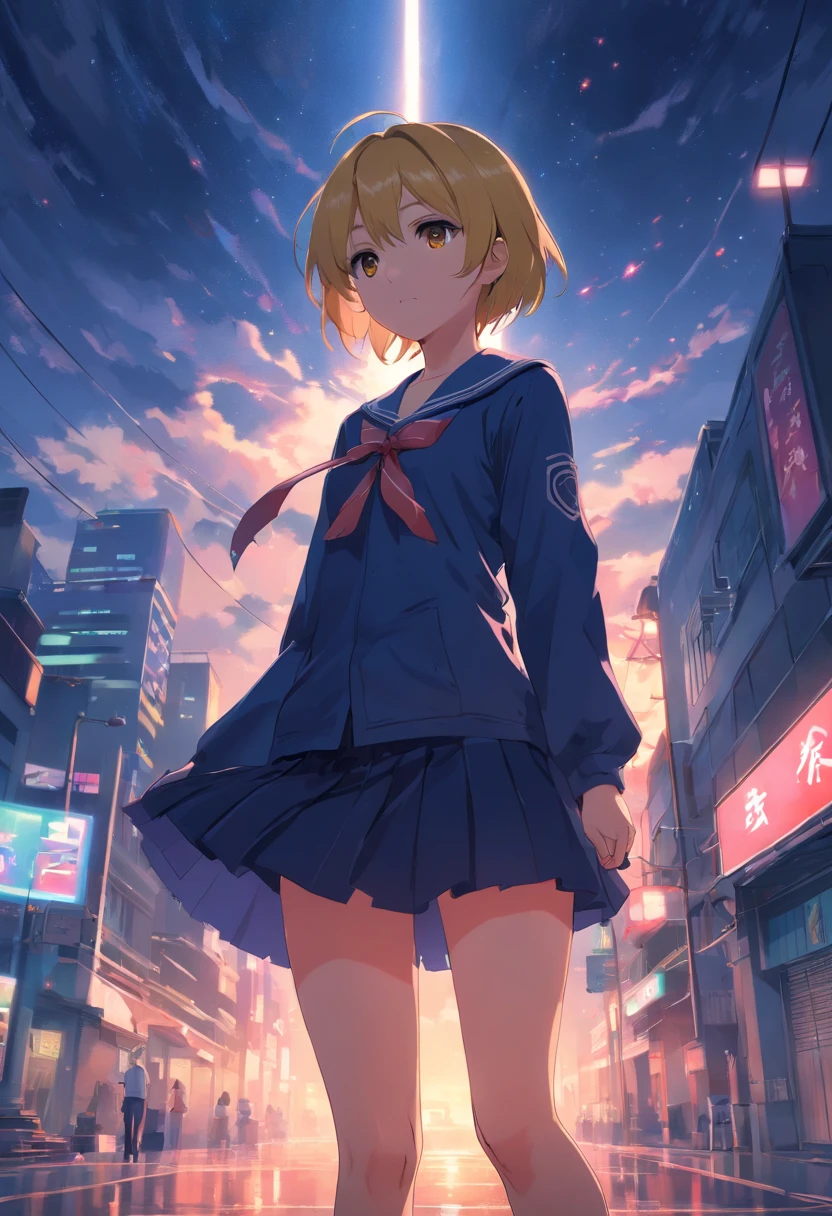 Masterpiece, Best quality, Ultra-detailed, illustration,Gloomy atmosphere, , , 1girll,Solo, The upper part of the body,Image body, view the viewer, , , Crimson eyes, Jewel-like eyes, Extremely detailed eyes, Extremely detailed face,Light yellow hair, , ,Sailor suit，pleatedskirt,black lence stockings,,,nigh sky，Countless bats，Red moon