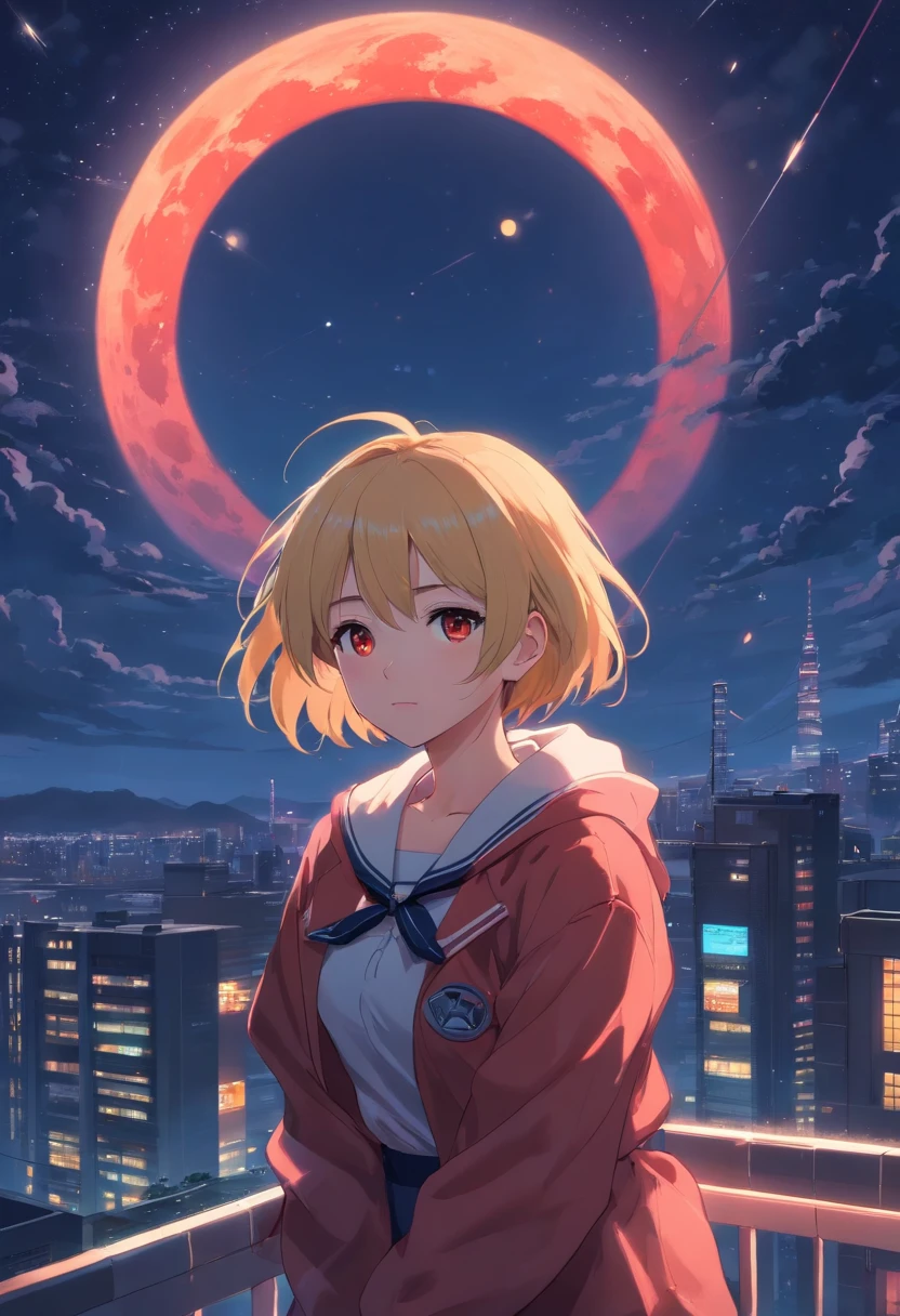 Masterpiece, Best quality, Ultra-detailed, illustration,Gloomy atmosphere, , , 1girll,Solo, The upper part of the body,Image body, view the viewer, , , Crimson eyes, Jewel-like eyes, Extremely detailed eyes, Extremely detailed face,Light yellow hair, , ,Sailor suit,pleatedskirt,black lence stockings,,,nigh sky,Countless bats,Red moon