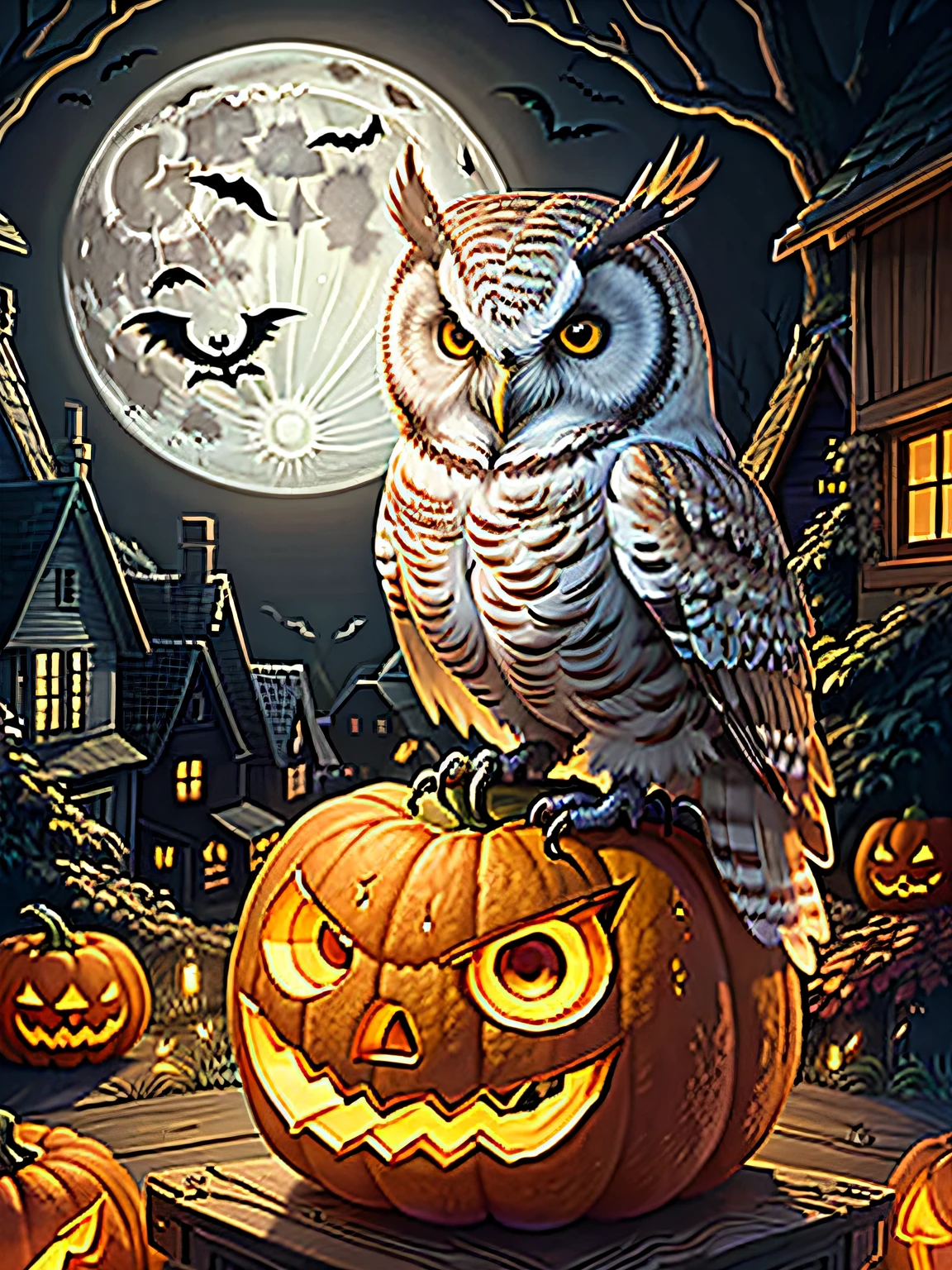 painting of an owl sitting on a pumpkin with a full moon in the background, halloween art style, halloween theme, glowing owl, lisa parker, background artwork, full color digital illustration, halloween celebration, detailed art, spooky halloween theme, detailed digital illustration, halloween night, over detailed art, autumn night, detailed digital artwork, halloween atmosphere, dark but detailed digital art